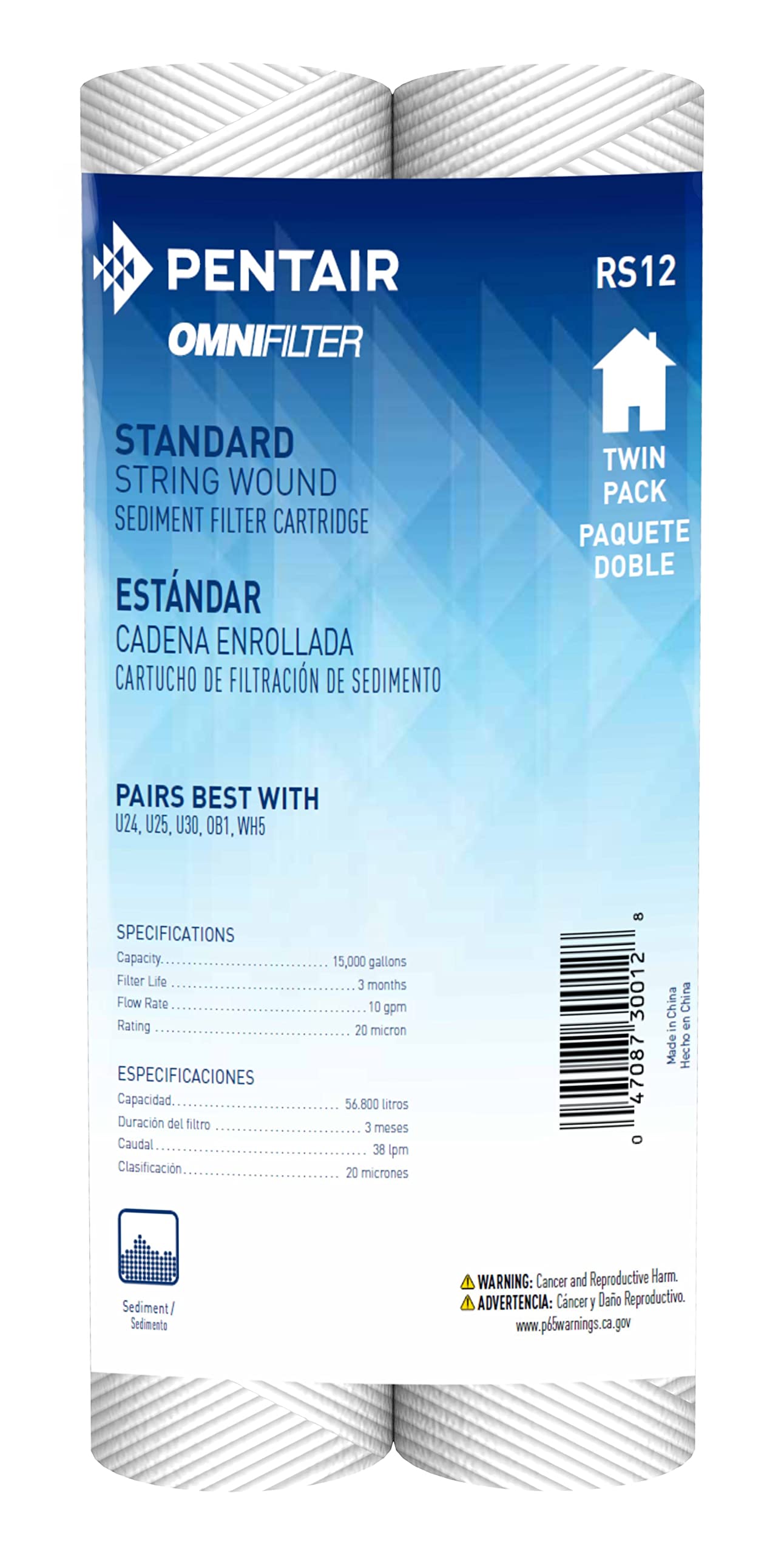 Pentair OMNIFilter RS12 Sediment Water Filter, 10-Inch, Standard Whole House String Wound Sediment Replacement Filter Cartridge, 10" x 2.5", 20 Micron, Pack of 2