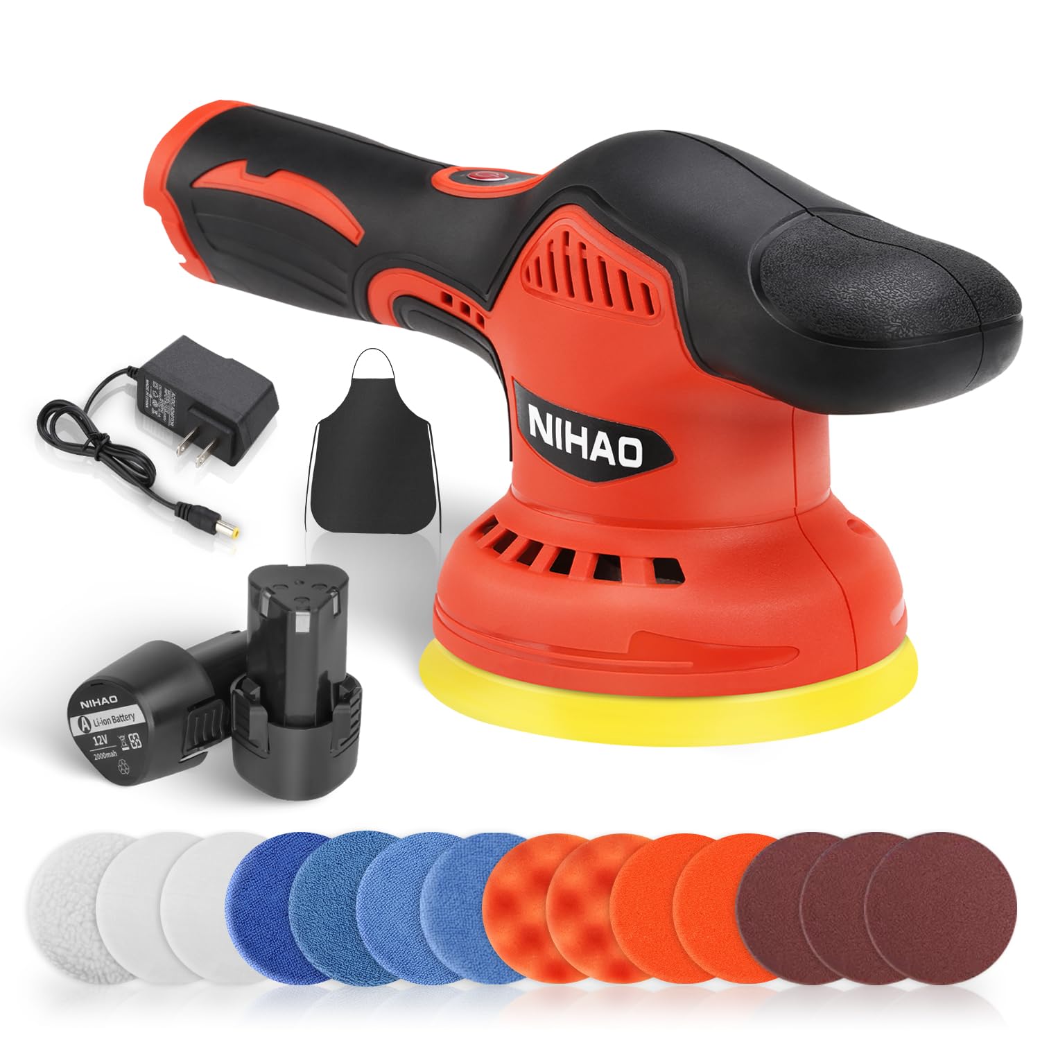 NIHAO - 5 Inch Cordless Car Buffer Polisher with 2PCS 12V 2000mAh Rechargeable Battery & Extra 15PCS Attachments, 8 Variable Speed Used for Car Detailing/Waxing