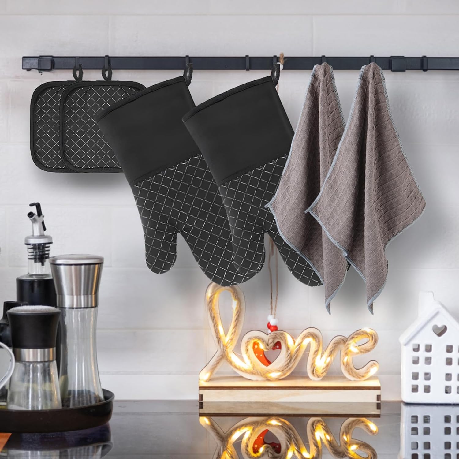 Philorn Oven Mitts and Pot Holders 6pcs, Kitchen Oven Glove High Heat Resistant 500℉ Extra Long Oven Mitts and Potholder with Non-Slip Silicone Surface for Baking, Cooking, BBQ (Black) - Image 7