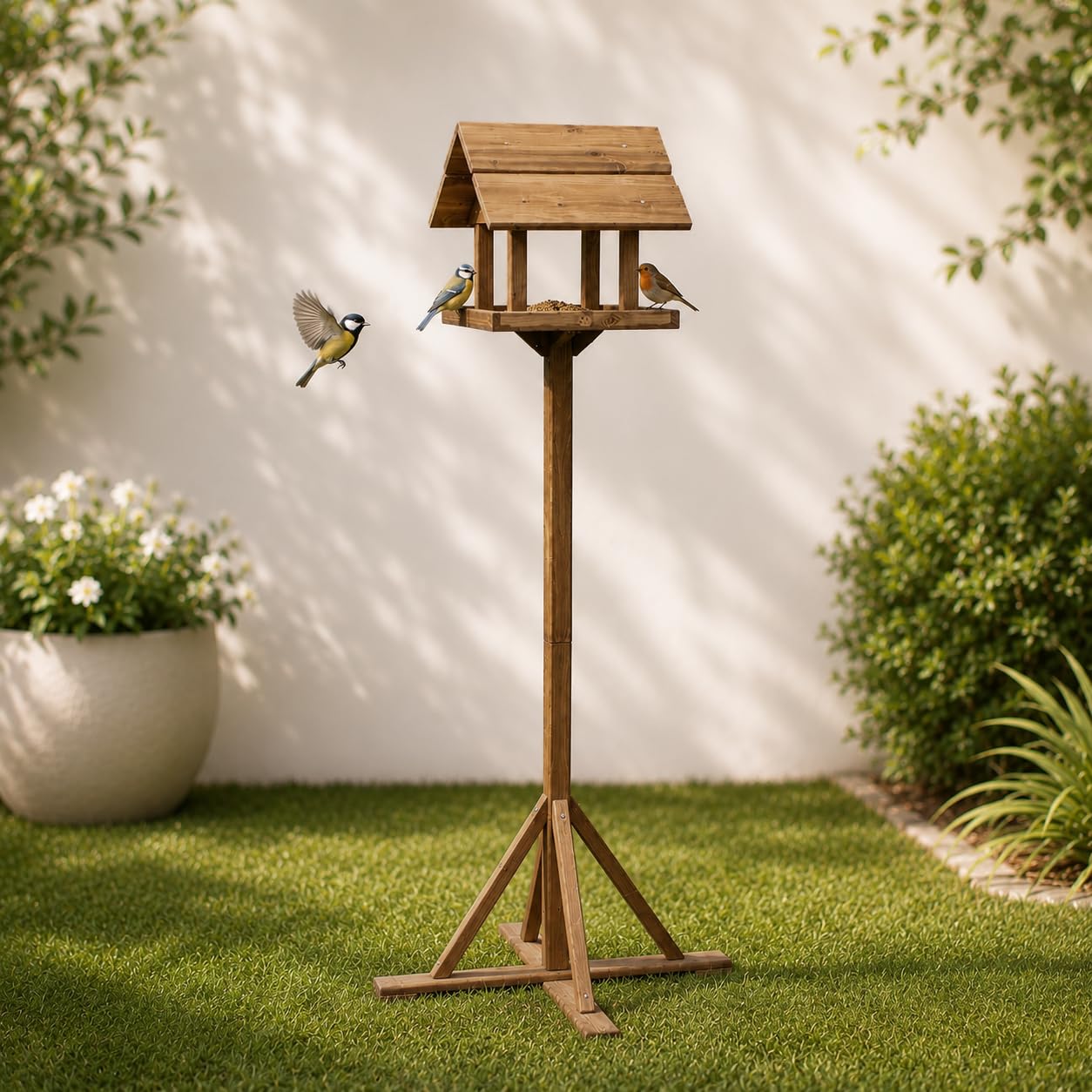Garden Mile Tradizionale in Legno mangiatoia per Uccello da Giardino casa Dosatore impianto shelt Scacchi Nutrire Station Portatile Libero in Piedi