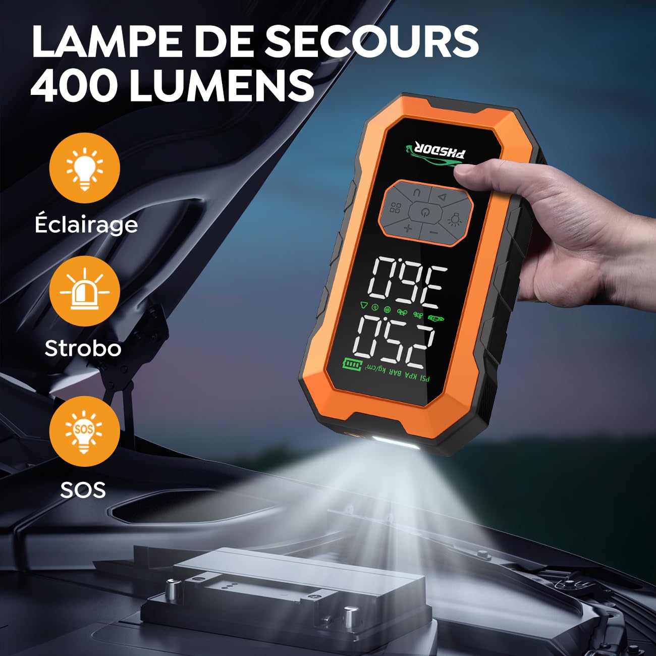 8000A Booster Batterie Voiture avec Gonfleur 150PSI, 25000mAh Démarreur Batterie Voiture (Tous Gaz ou 10L Diesel), 12V Booster de Batterie, Jump Starter avec Lumière LED (Orange)