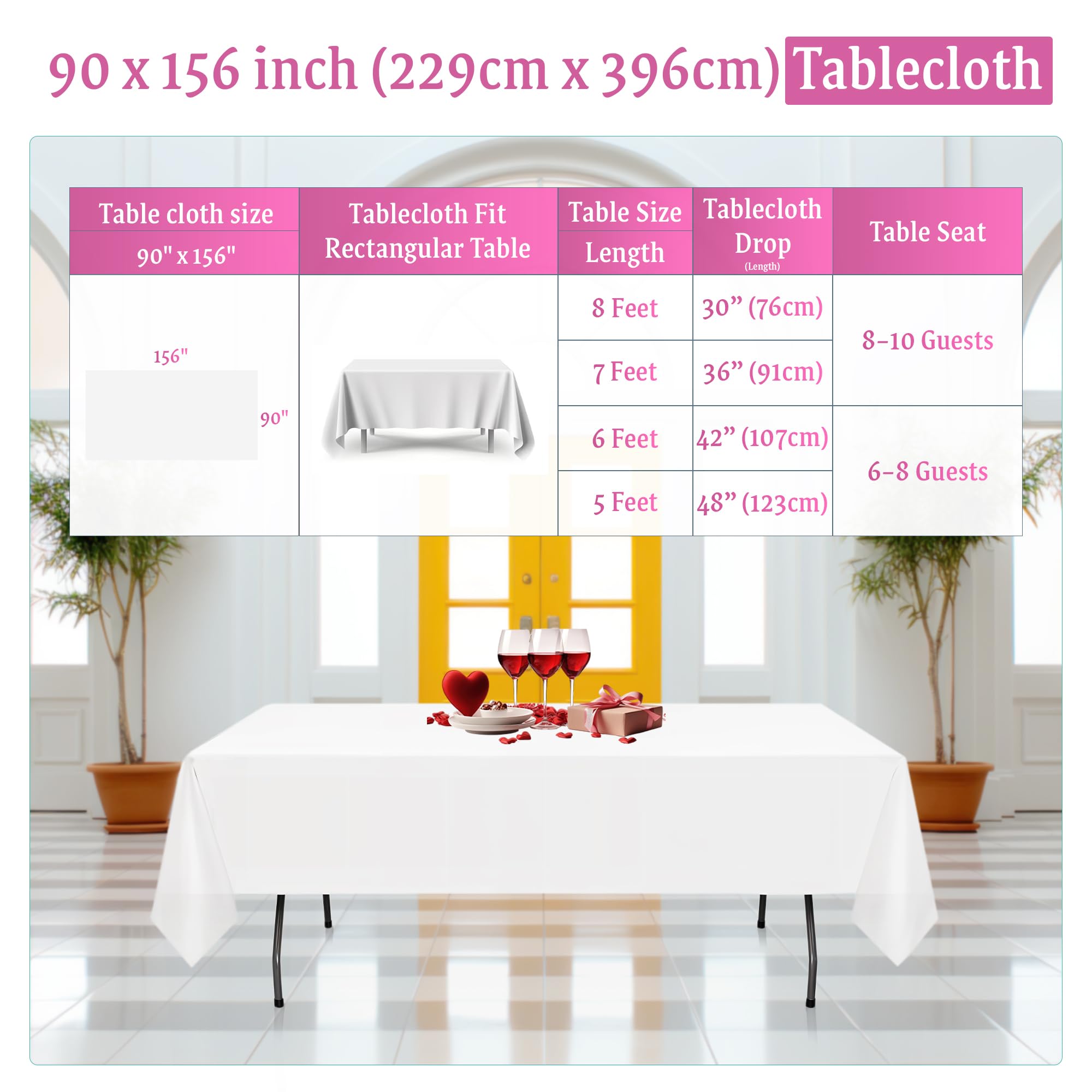 WedDecor Mantel Rectangular de Lino de para Banquetes, comedores, Bodas, Eventos Especiales, 90 x 156 Pulgadas, Blanco, 5 Unidades