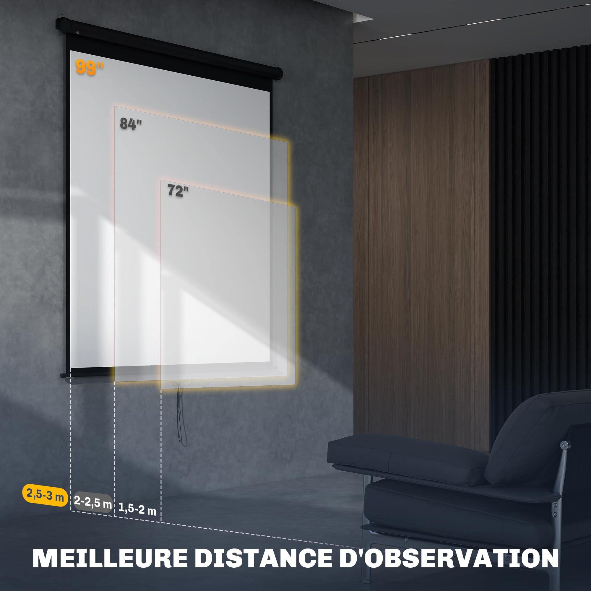 HOMCOM schermo di proiezione da 99 pollici, schermo per videoproiettore, per home cinema, 1:1 4K HD, montaggio a parete o a soffitto, 189 x 7 x 182 cm, nero