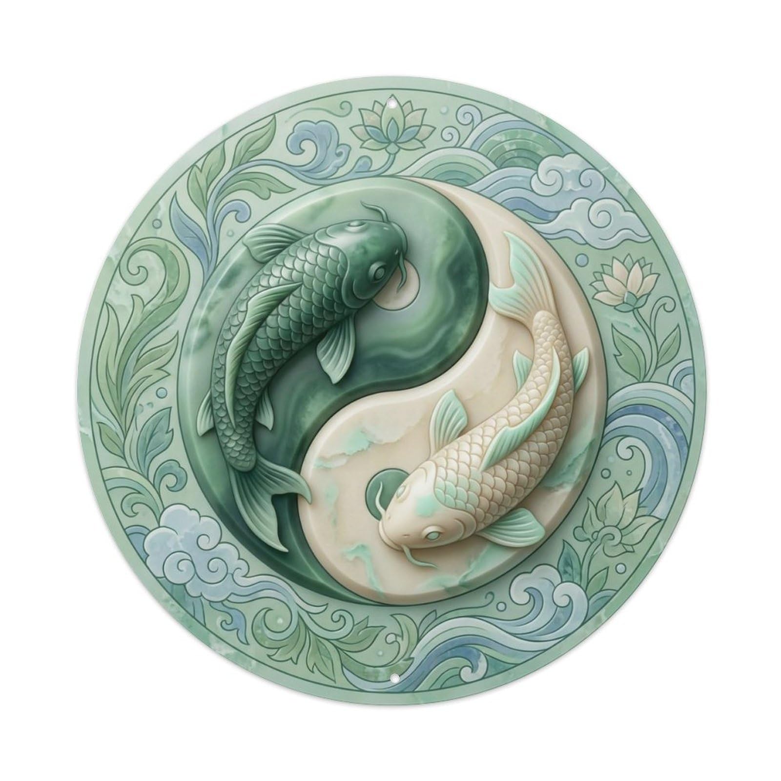 Tai Chi Koi Fish Variscite Green Stone Metal Tin Sign