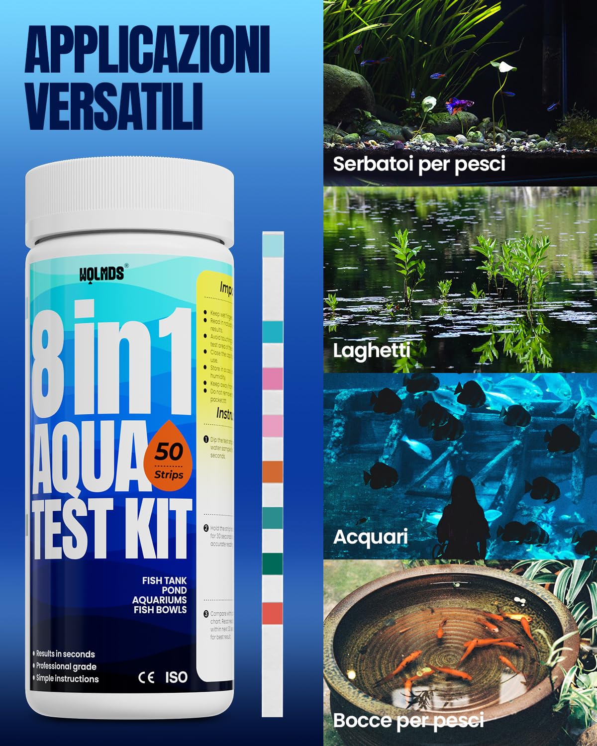 Wolmds Kit Test Acqua Acquario 8-in-1 - Test Acquario Dolce e Salato: Misuratore Durezza Acqua, pH, Nitrati, Cloro - Accessori Acquario Acqua Dolce,Kit Durezza Completo per Test Precisi (50 strisce)