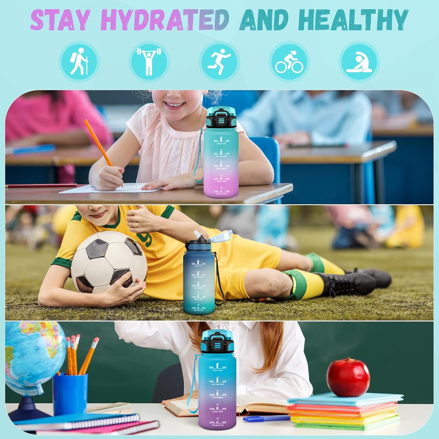 Children's Water Bottle, 500 ml Drinking Bottle, Water Bottle with Straw, Easy to Clean, Drinking Bottle for Carbonated Drinks, Leak-Proof, Sports Water Bottle for School, Camping, Green Pink