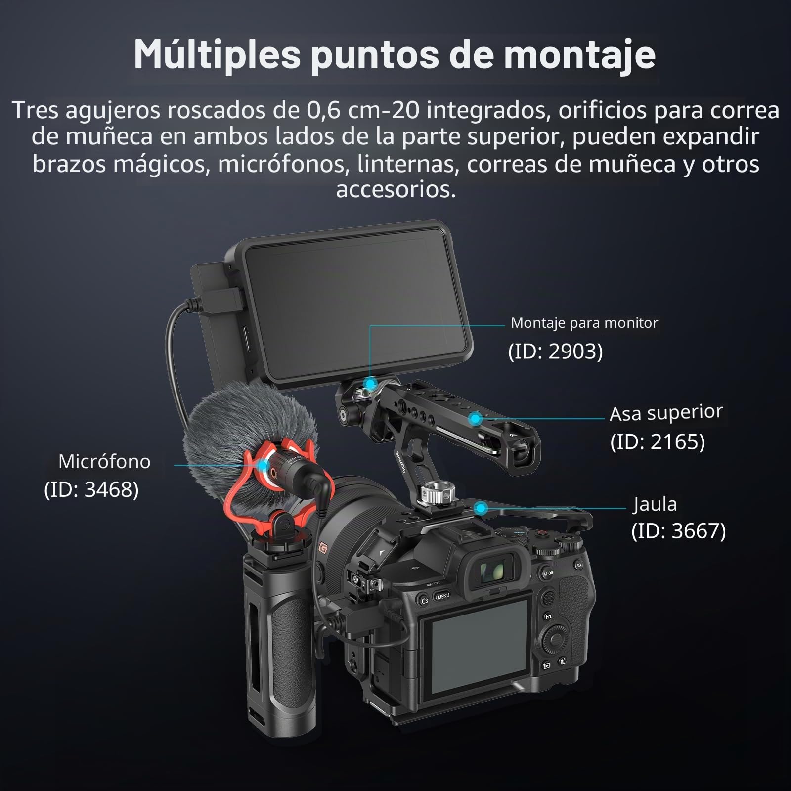 SMALLRIG Mini cámara lateral con OTAN y tornillos 1/4"-20, para manos izquierda y derecha, con agujeros de rosca y correas