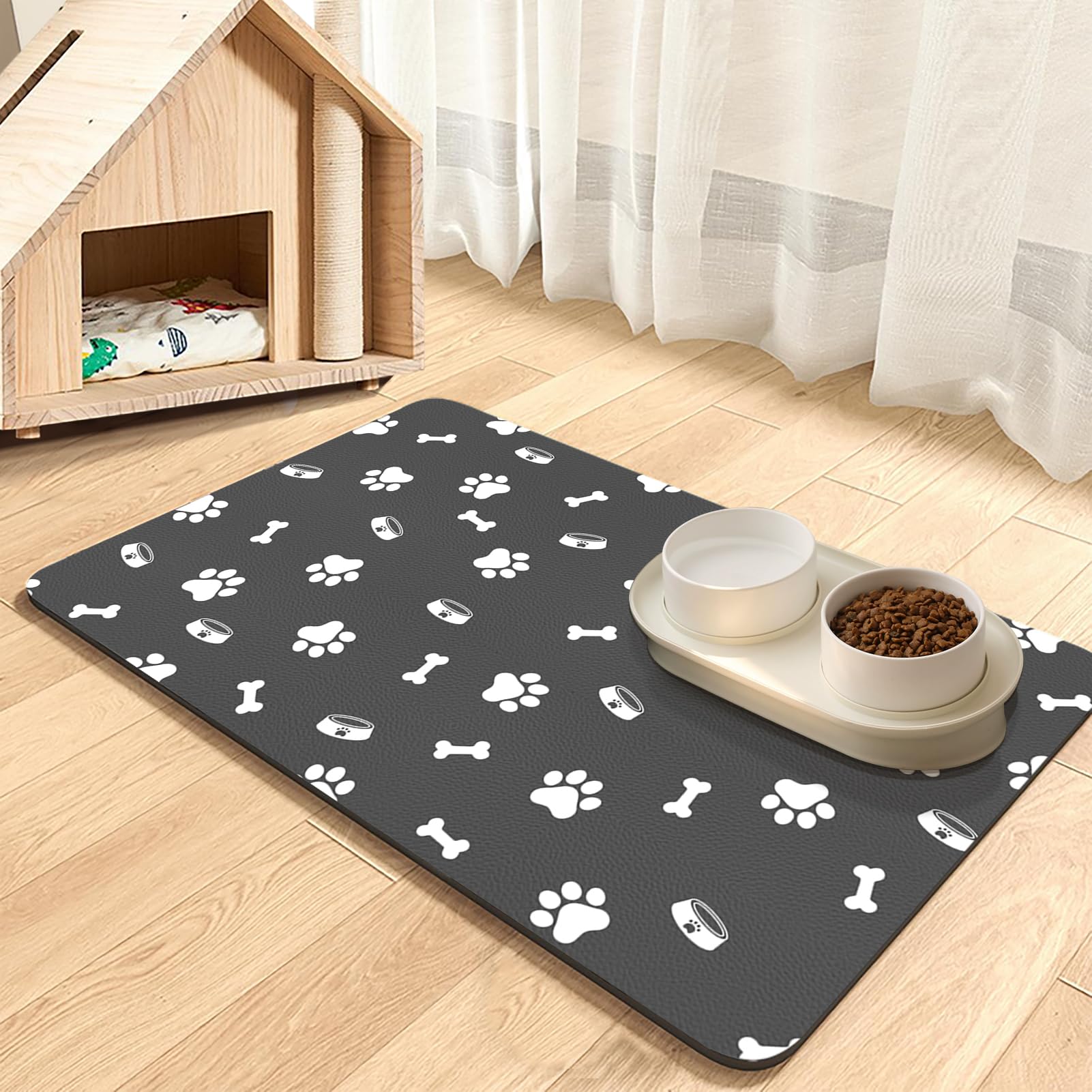 Dolic Dog Food Mat Absorbent Pet Feeding Mat for Food and Water No Stains Quick Dry Dog Cat Food bowl Mat with Waterproof Rubber Rubber Backing (Dark Grey-multiple Paws, 40 x 60 cm)