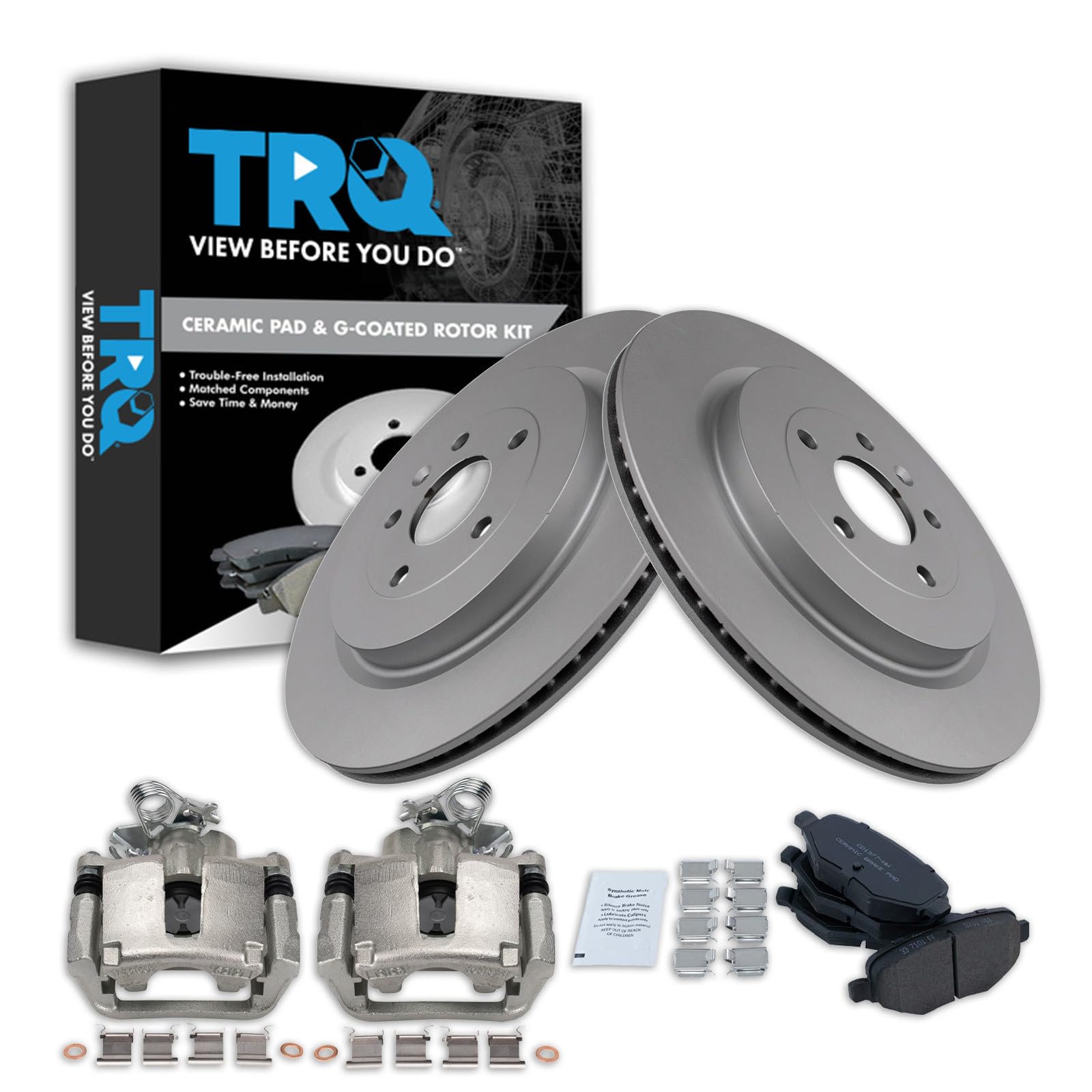 TRQ Rear Brake Pad and Rotor Set Ceramic G Coated Rotors Calipers