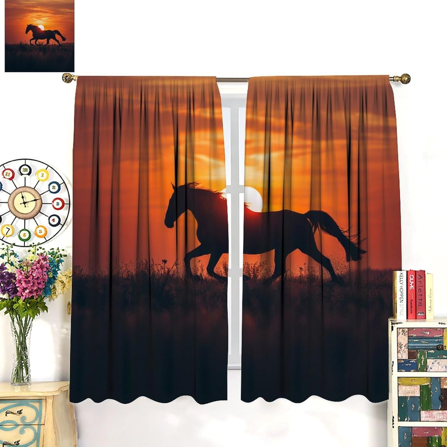 Running Horse Curtain, Western Wildlife Horse Theme, Sunset Beautiful Horse in The Prairie Theme Room Blackout Curtain, Rod Pocket 2 Pieces 42x45in, Style-5