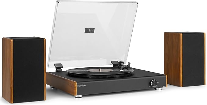Audizio RP335 Tocadiscos de Estilo Retro con Altavoces estéreo de 40W, tracción a Correa y 3 velocidades, Reproductor de Vinilo con conversor de USB a MP3, Receptor Bluetooth, Acabado Estilo Madera