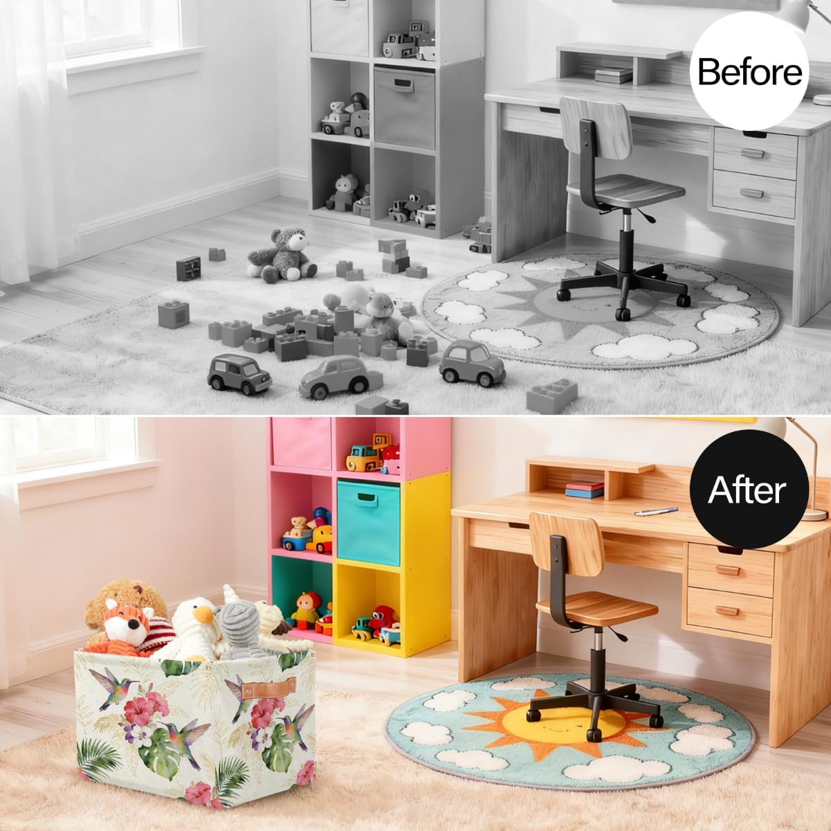 Rechteckiger Aufbewahrungskorb für den Sommer, Kolibri, Hibiskus, mit Ledergriffen, 2 Stück, faltbarer Stoff-Aufbewahrungskorb für Schrank, Badezimmer, Wohnzimmer, Büro, Spielzeug, Organizer