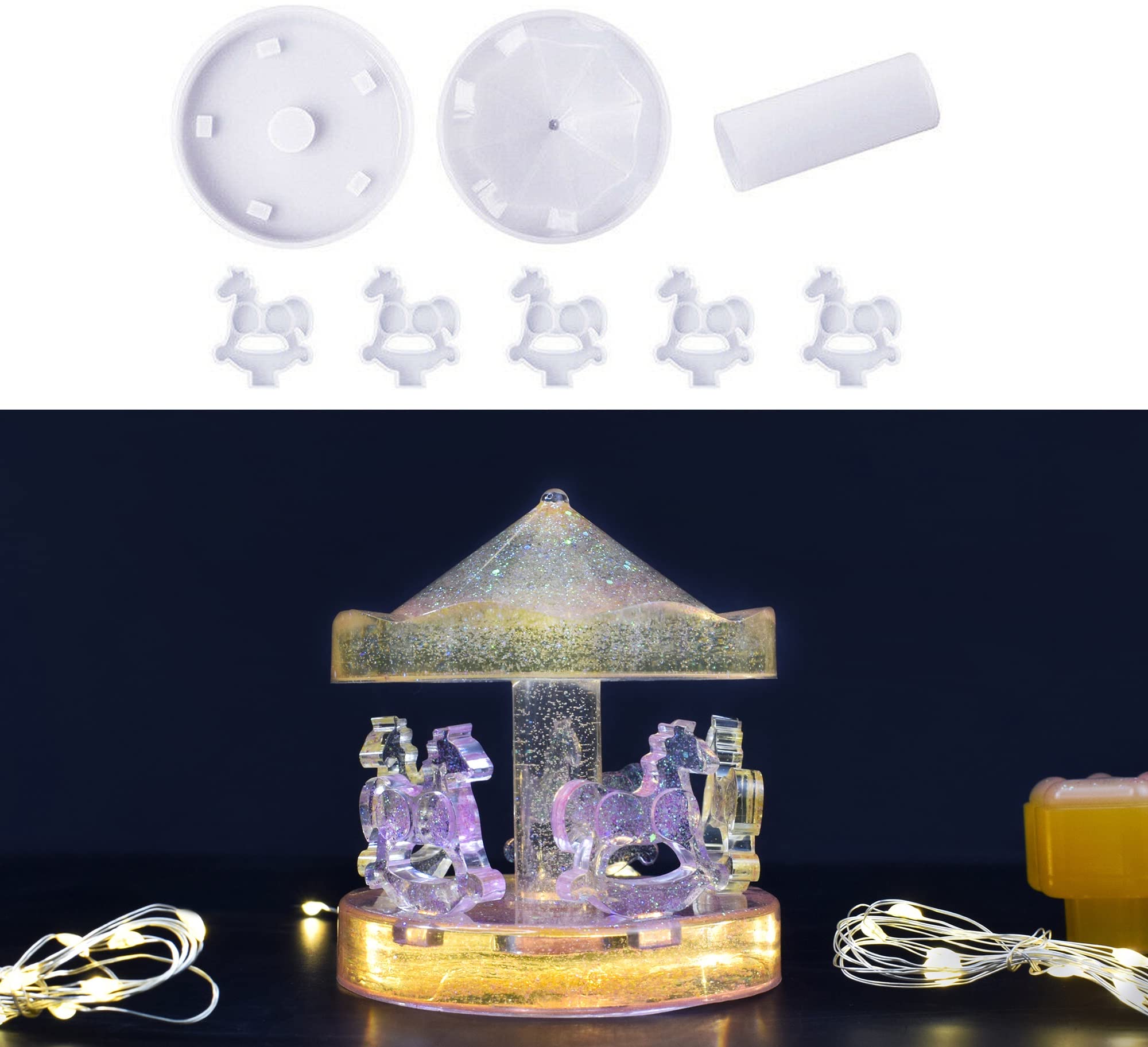 Jumyee Silicone Carousel Horse Resin Epoxy Mold Set Crystal Jewelry Casting Mould Home Office Desktop Decor Making Molds DIY Craft Tool Handmade Birthday Gift