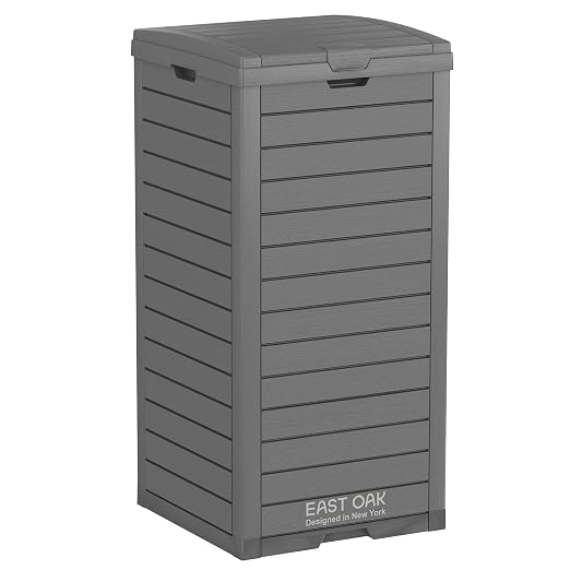 EAST OAK 38 Gallon Outdoor Trash Can | Waterproof Resin Garbage Can with Tiered Lid & Drip Tray | Outside Trash Bin for Patio | Kitchen, Backyard & Deck | Gray Color