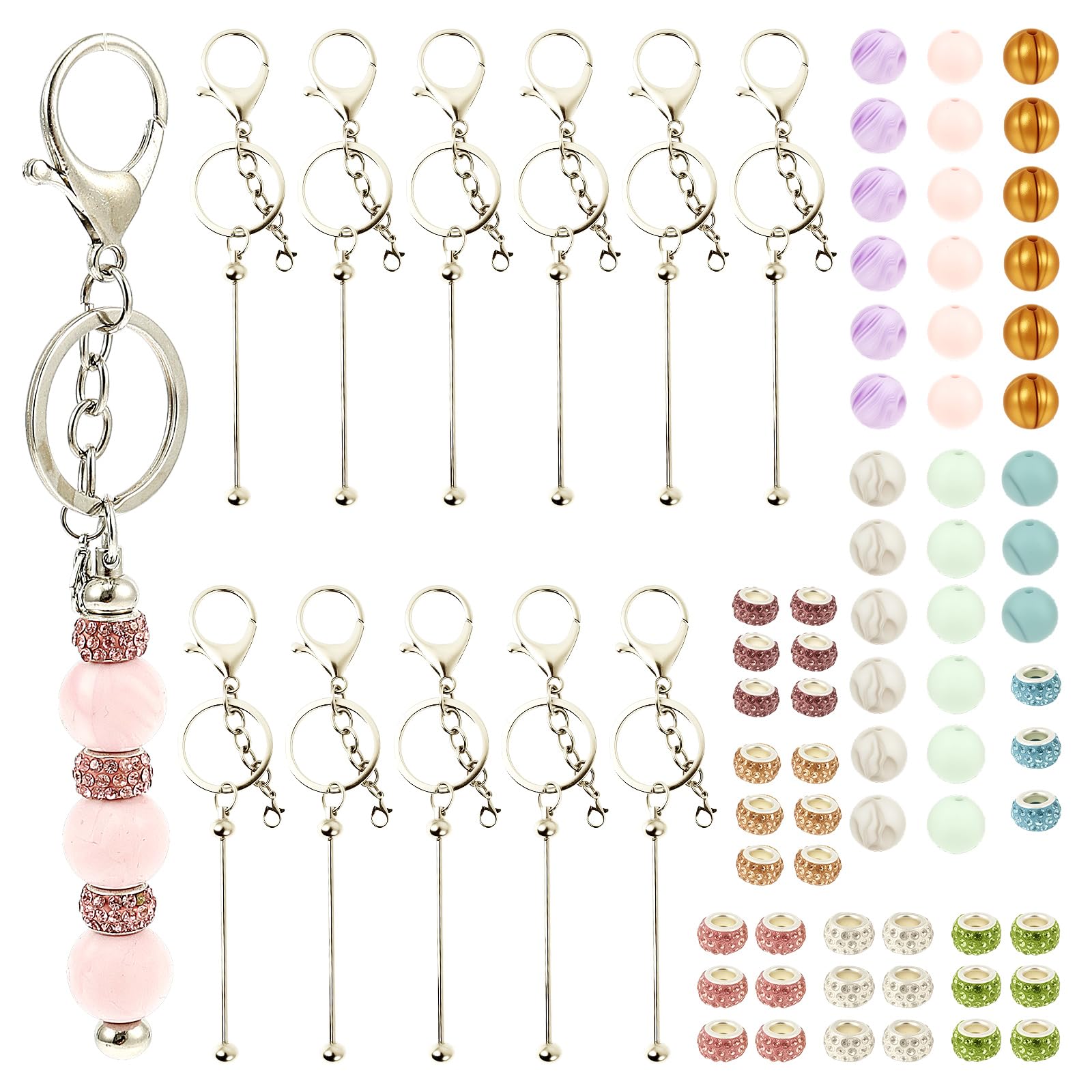 Kuanght Men's Colorful 84 Pcs Beadable Keychains Set, Blank Beaded Keychain For Diy Making Accessories, Metal Keychain Blanks With Silicone And Rhinestone Beads
