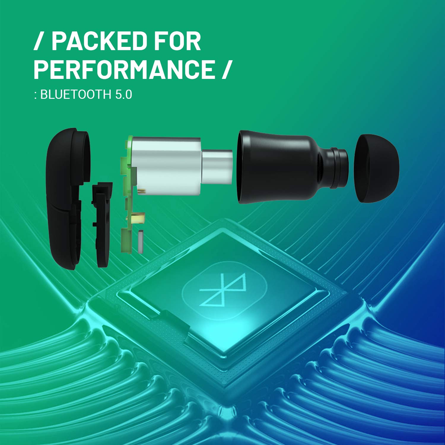 انفجرت view of CrossBeats Air earphone components, highlighting Bluetooth 5.0