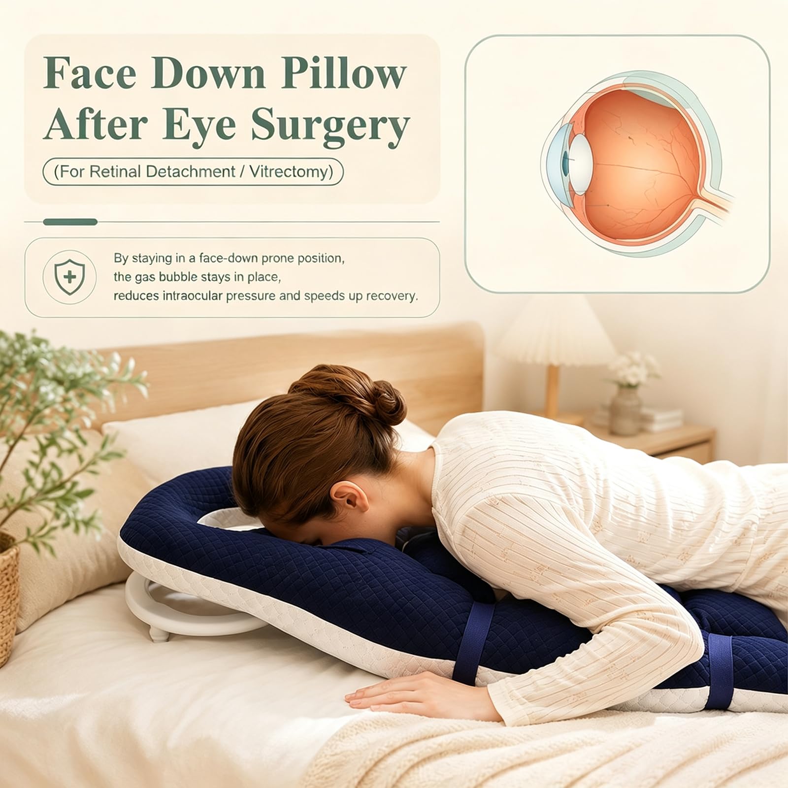 Bauchschläferkissen mit Kopfloch, Face Down Recovery Pillow für Retina- & Augen-OP, Piercing Kissen mit Atemöffnung Weicher Flanell & Samtfüllung für Bauchlage (Marineblau)
