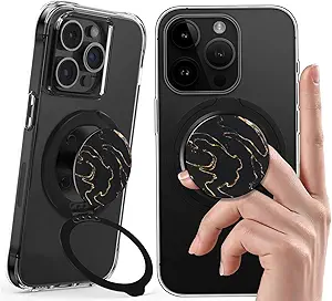 Magnetic Phone Ring Grip,Ultra Thin Phone Kickstand with Finger Loop Strap, Lightweight Phone Ring Holder for Mag Safe iPhone 16/15/14/13/12 Series (Black)