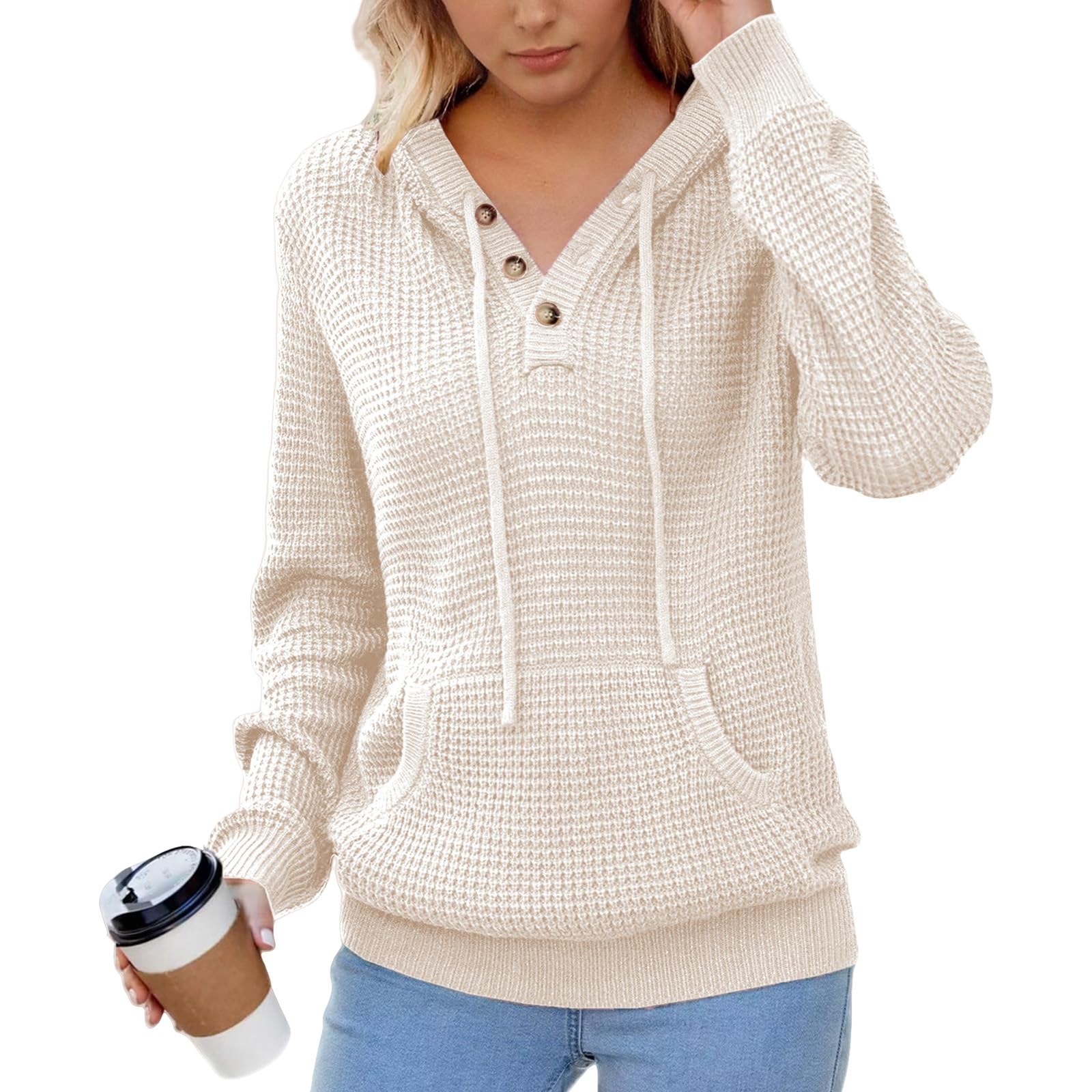 Womens Hoodies Oversized Knit Pullover Sweaters Long Sleeve V Neck Casual Hooded Tops Fall Fashion Sweater with Pockets