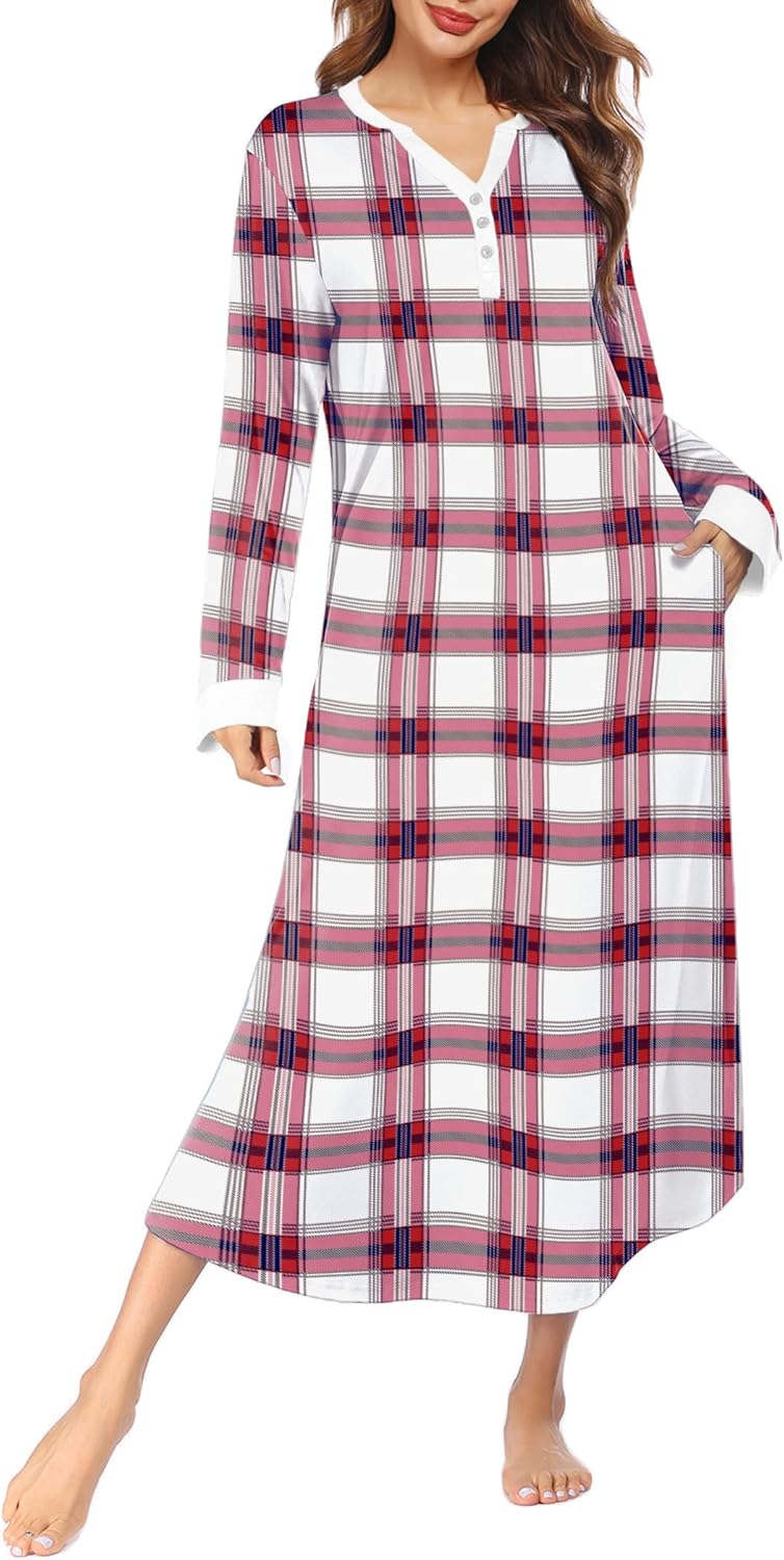 Ekouaer Womens Nightgown Long Loungewear V Neck Nightshirt Sleepwear Full Length Sleepshirt with Pockets