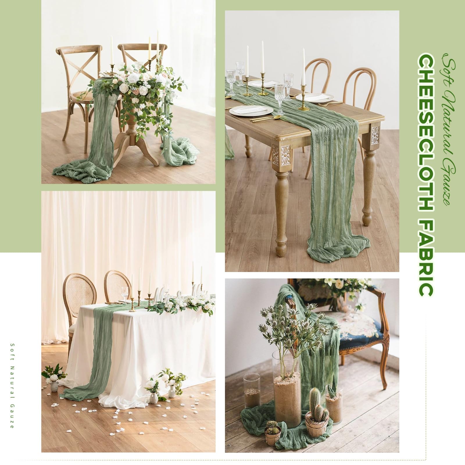 Paquete de 24 caminos de mesa de gasa de 10 pies de largo, salvia, rústico, bohemio, para boda, 21.5 x 120 pulgadas para bodas, despedidas de soltera, fiestas, decoración de banquetes (verde salvia)