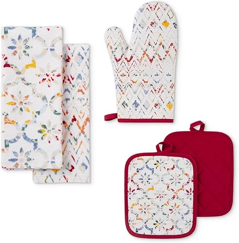 Ogee Tile Kitchen Towel Pot Holder and Oven Mitt Set Multi