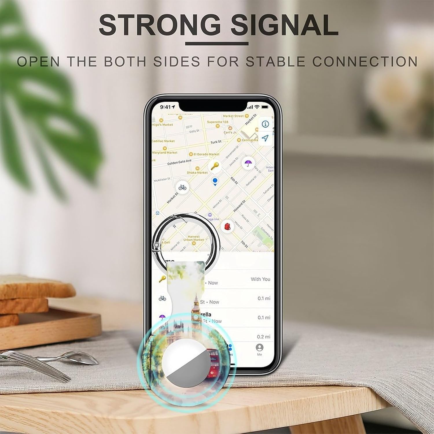 Watercolor London Street Big Ben Bus Funny Cover Compatible with AirTag Case Protector GPS Tracker Holder with Keychain