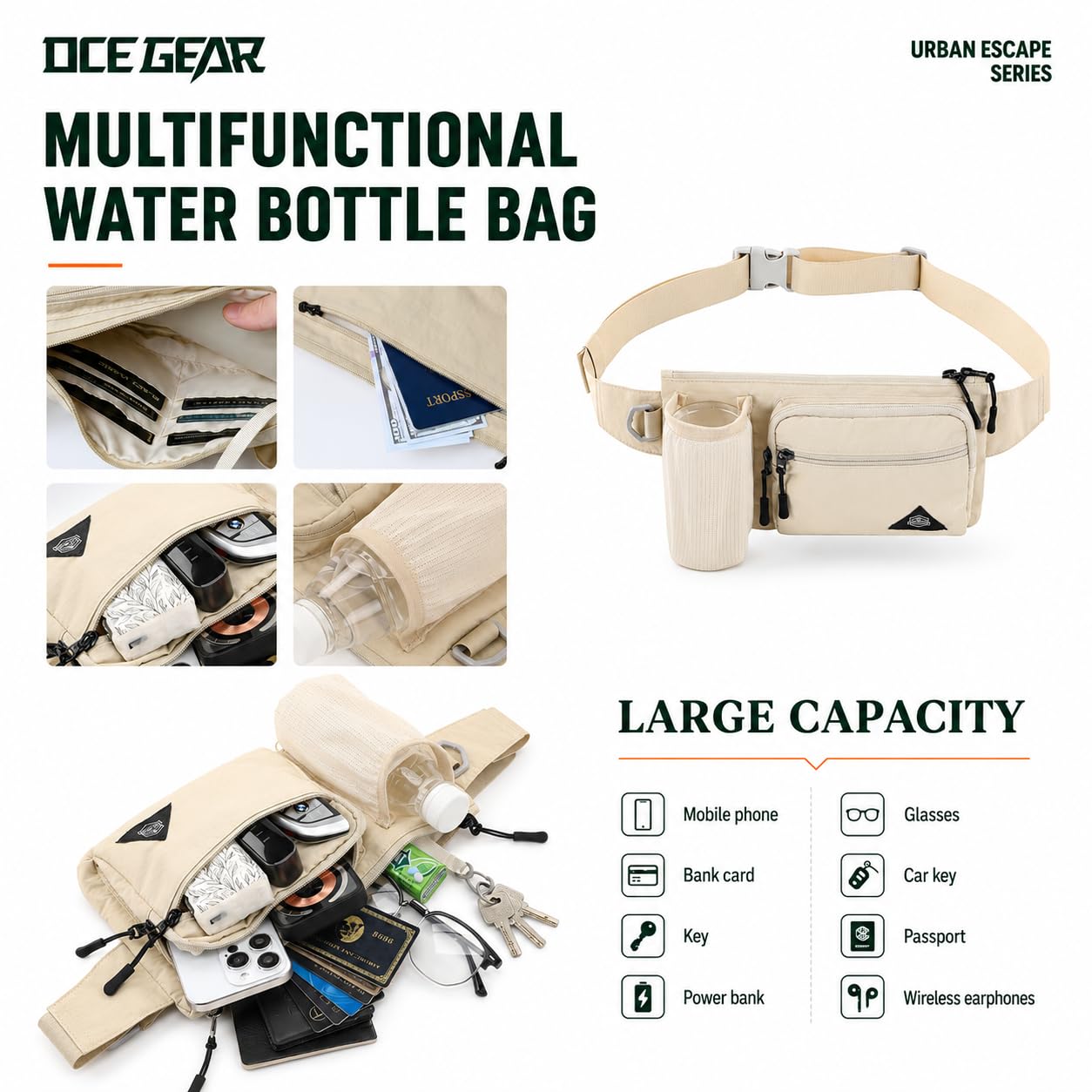 Riñonera con soporte para botella de agua para hombres y mujeres, riñonera para correr, impermeable, para viajes al aire libre, ciclismo, escalada, caminar, apto para todos los teléfonos, Beige, [IN]