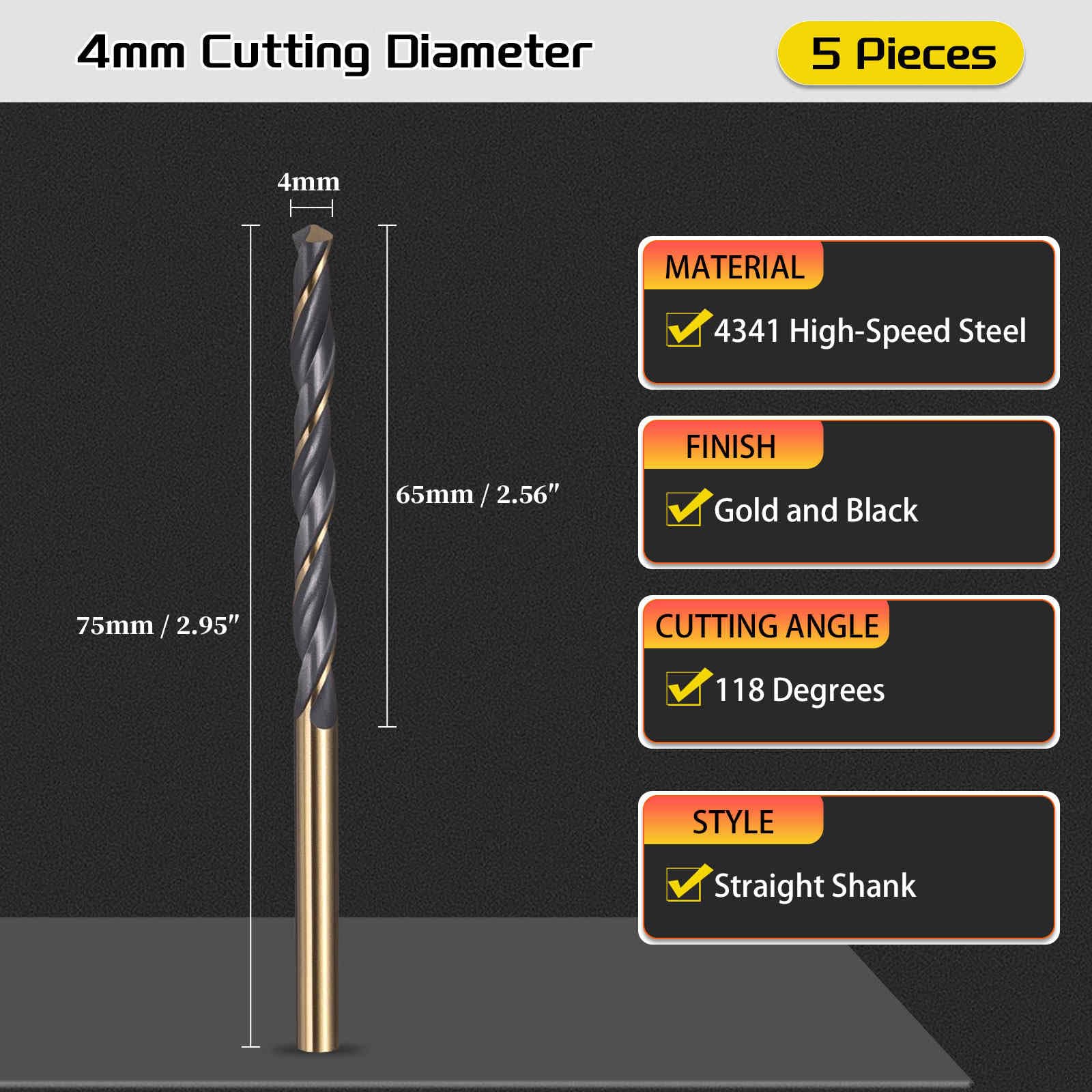 CoCud Drill Bit, 4mm Cutting Diameter, 4341 HSS Jobber Bits Gold and Black 118° Cutting Angle - Image 2
