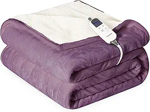 Heat Blanket 72”x84” Full Size,Soft Flannel & Sherpa Reversible Electric Blanket with 10 Heat Settings,12 Timer Setting and 8 Hours Auto-Shut Off,ETL Certified Machine Washable,Purple