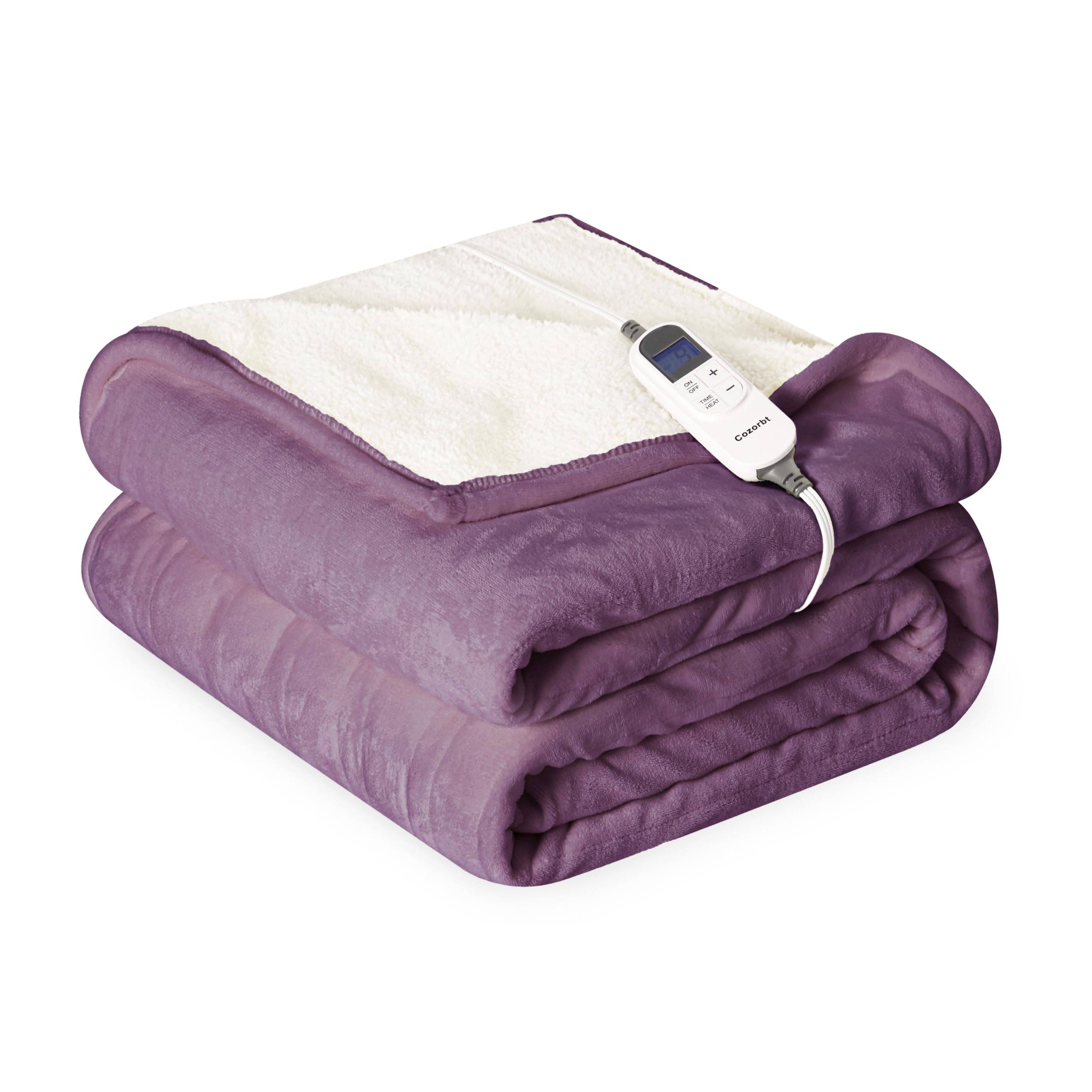 heat blanket 50”x60” throw,soft flannel & sherpa reversible electric blanket with 10 heat settings,12 timer setting and 3 hours auto-shut off,etl certified machine washable,purple