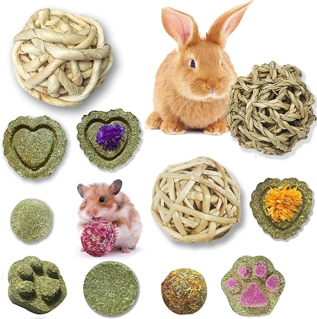 ANNADECLE Rabbit Toys Boredom Breaker,Bunny Chew Toys for Teeth,Small Animal Hamster Chew Treats Teeth Care Natural Molar Grass Balls for Rabbit, Chinchilla, Guinea Pig, Hamster