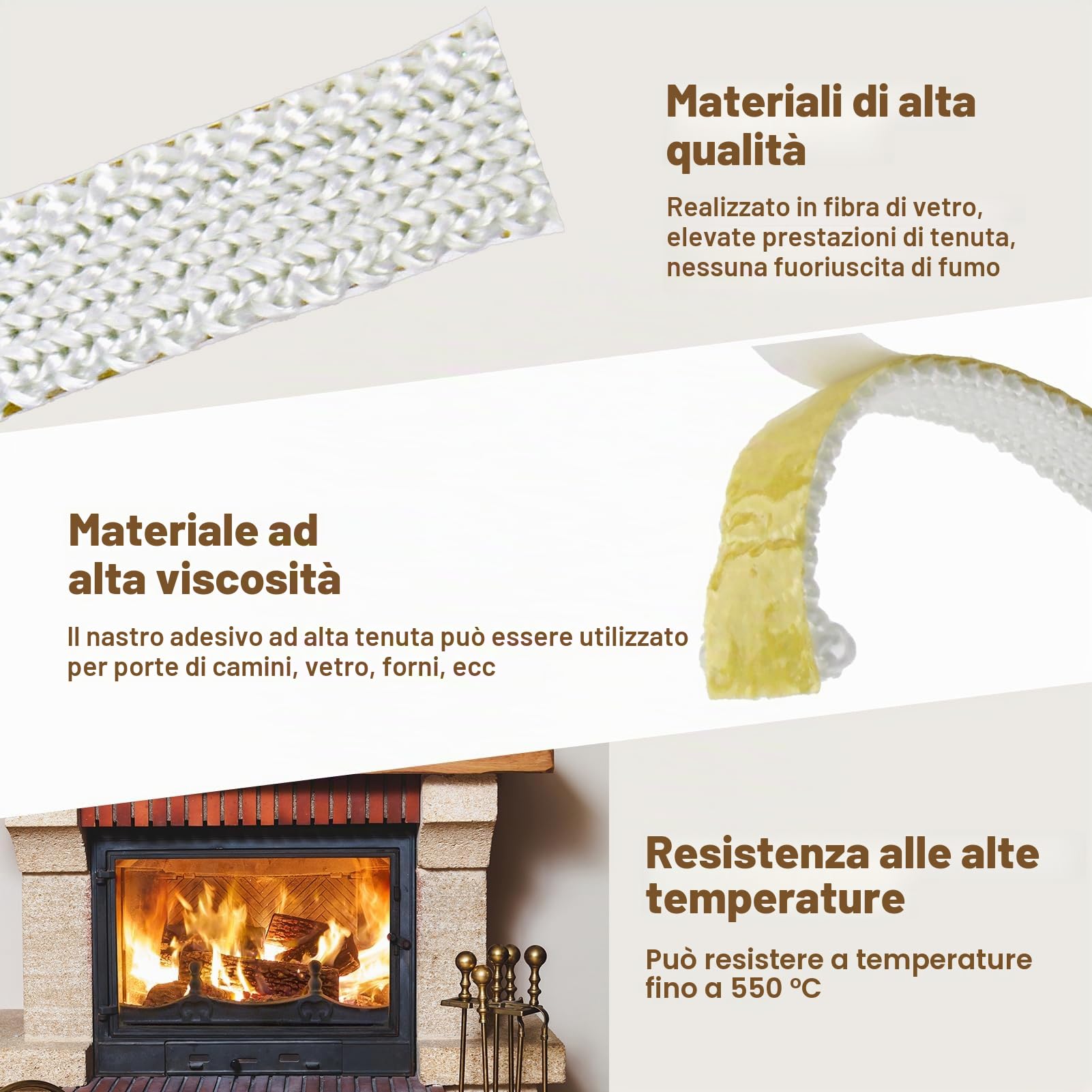 Guarnizione Camino 2m,Guarnizione Adesiva,Guarnizione per Stufa A Pellet,Nastro Isolante Autoadesivo in Fibra di Vetro per Sportello Stufa Pellet Termocamino Forno Caldaia,Alta Temperatura