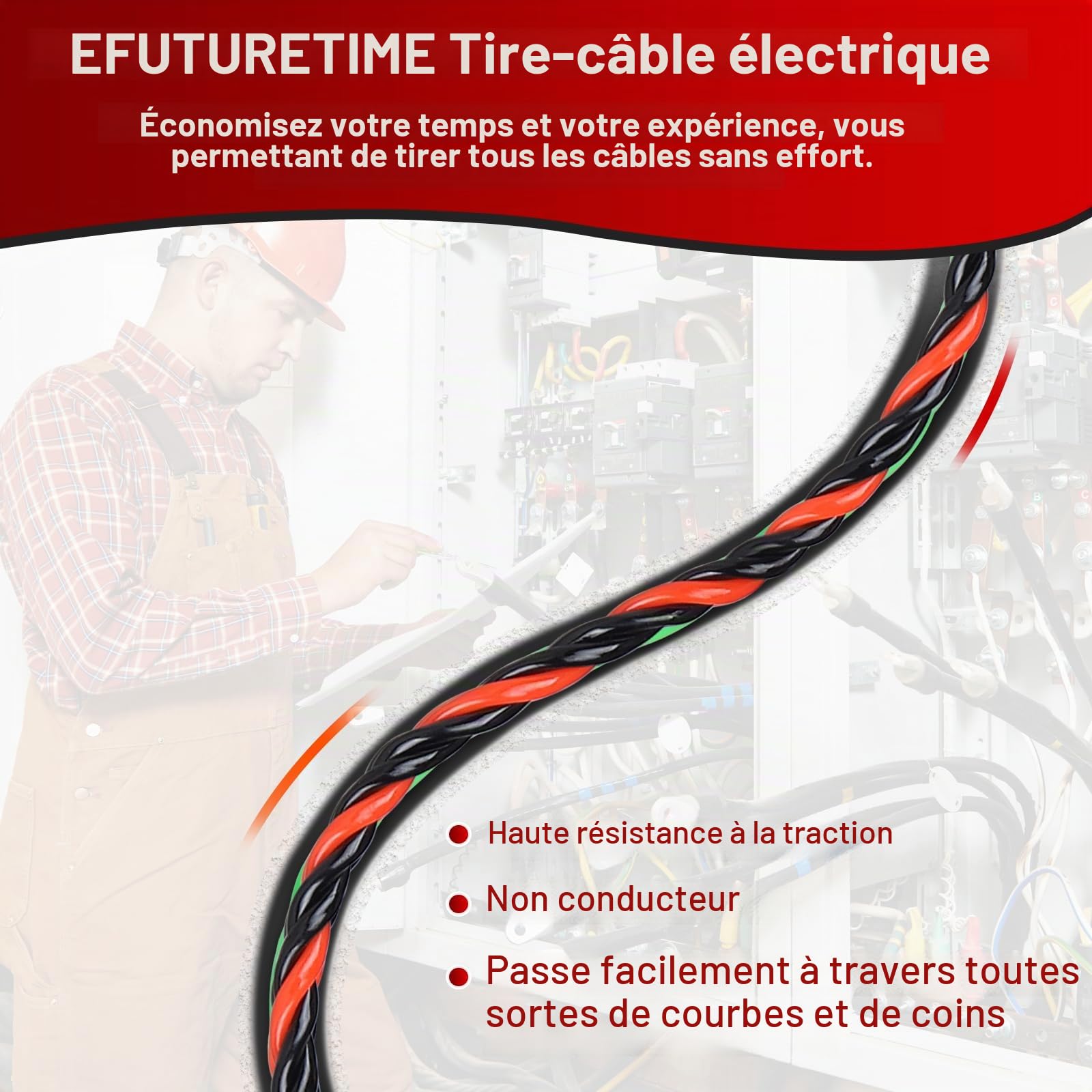 EFUTURETIME 50M Aiguille Tire Cable 6mm Tire Fils Electrique avec 2 Ressorts de Guidage, 3 Sangles d'Arrimage, pour Insertion et Extraction de Câbles Électriques
