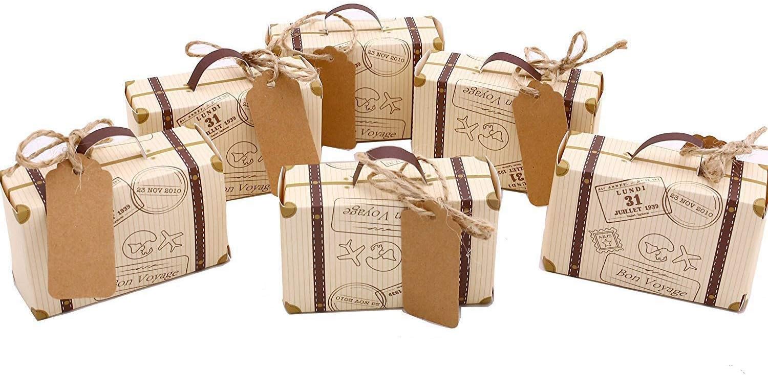 Moligh doll 50pcs Mini Suitcase Favor Box Party Favor Candy Box, Vintage Kraft Paper with Tags and rope for Wedding/Travel Themed Party/Bridal Shower Decoration