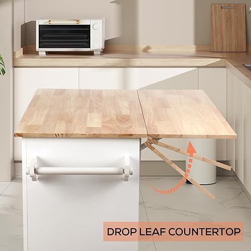 Miniatura 4 de VOWNER Isla de cocina de 43 pulgadas con hoja caída, mesa de isla de cocina con almacenamiento, carrito de cocina con ruedas de madera maciza para