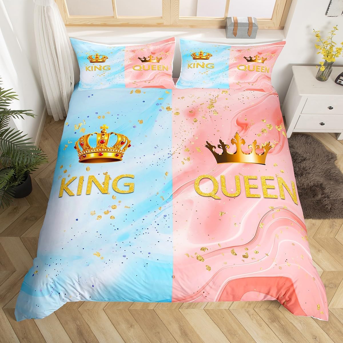 Blue & Pink Marble Bedding - King & Queen Comforter Set - Couple's Gift - Fluid Art Marbling Duvet Cover