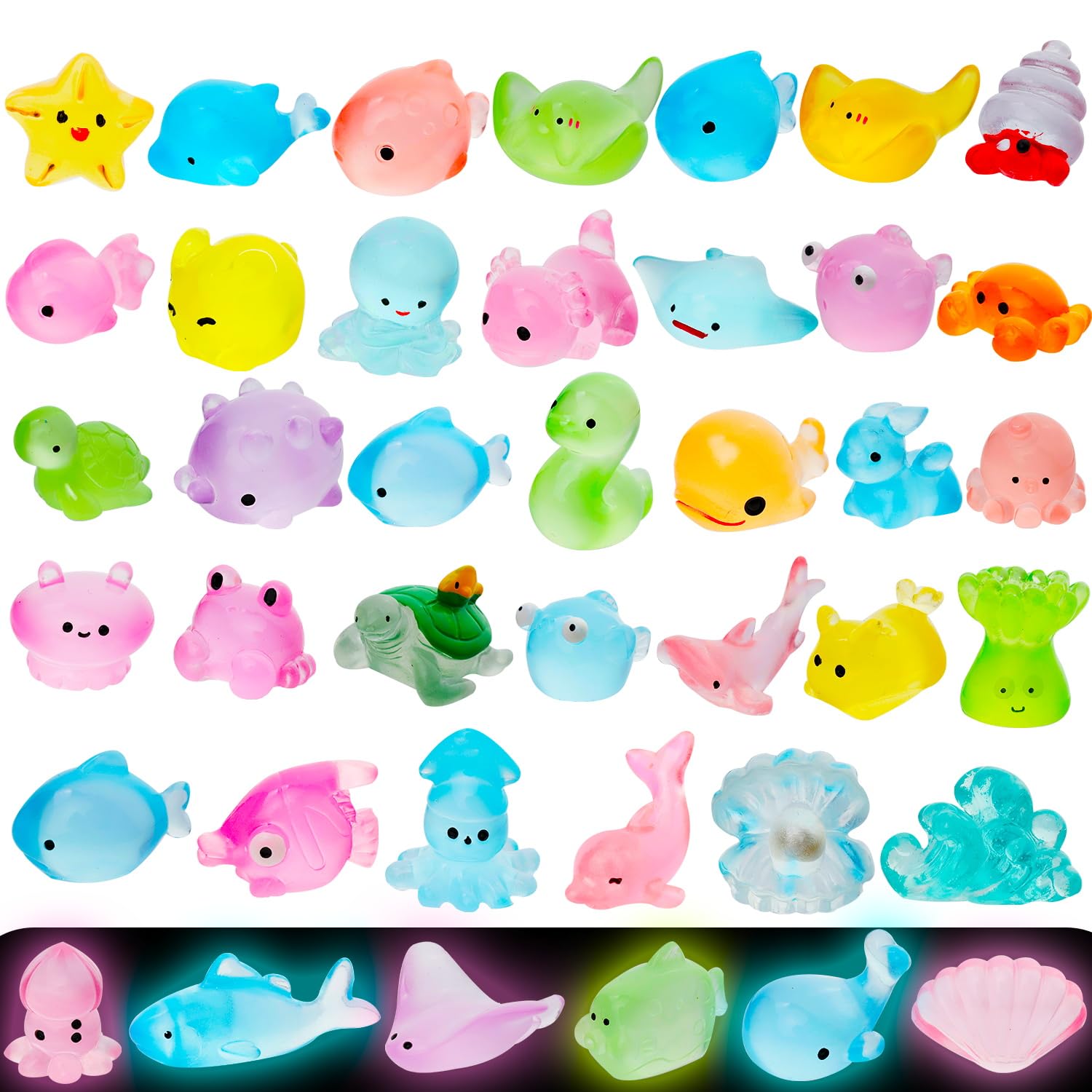 40pcs Luminous Mini Ocean Resin Animals,40 Styles Tiny Sea Animals Glow in The Dark Miniature Little Small Resin Animal Figures Bulk for Fairy Garden Micro Landscape Aquarium Dollhouse Decor