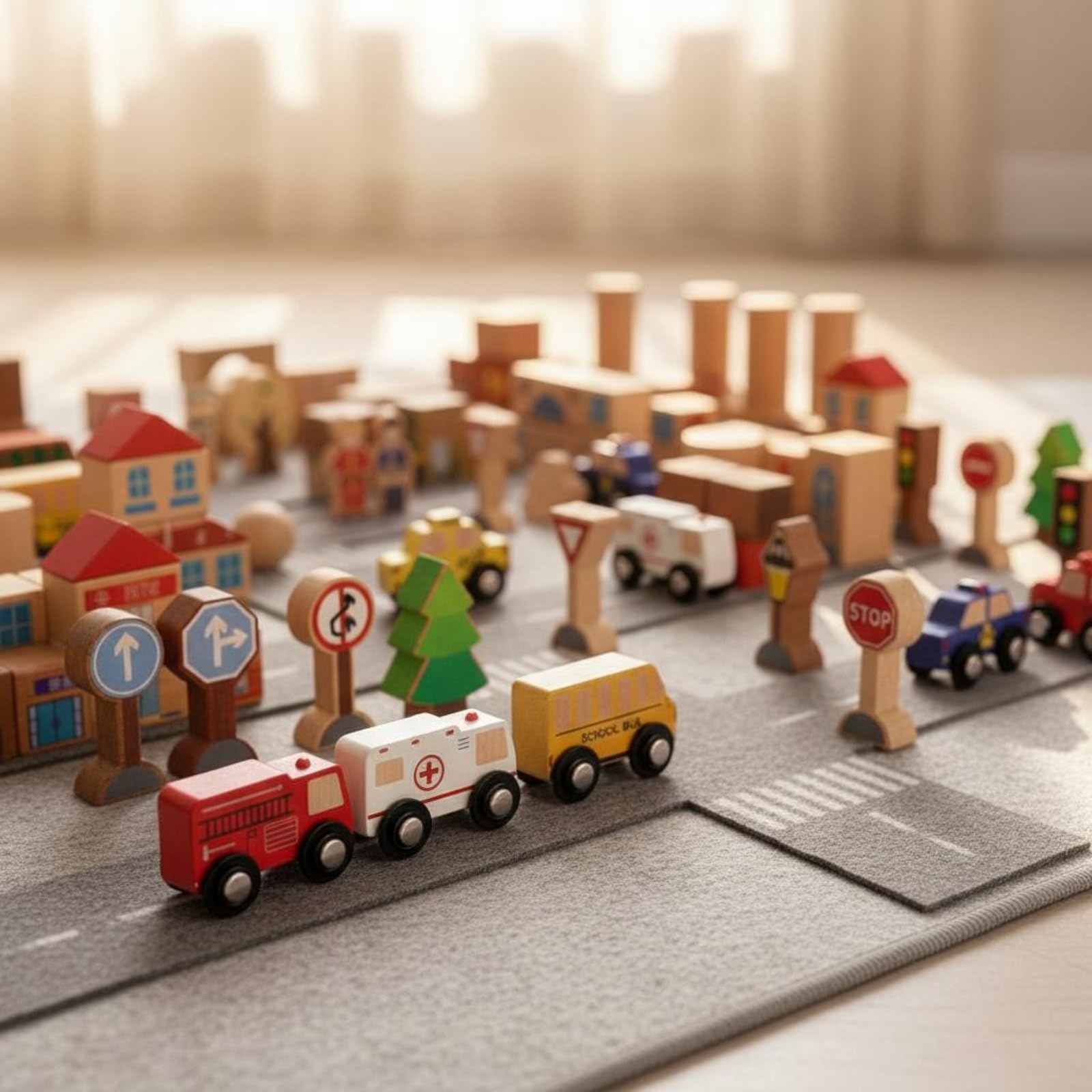 118 Pezzi Blocchi Costruzione Bambini Set Educativo Legno Scena Cittadina Segnali Auto Mattoncini Tattili in Faggio per Fantasia E Problem Solving
