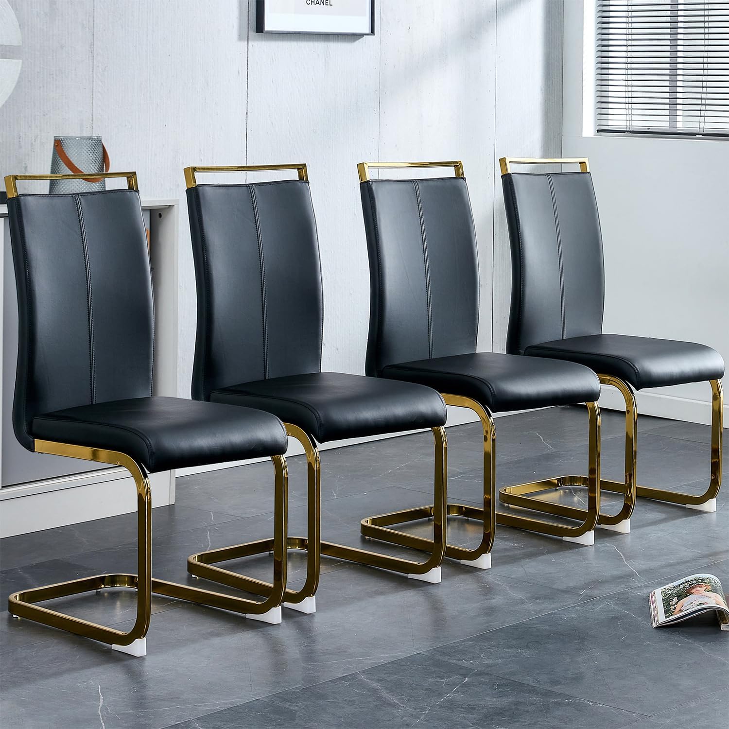 gopop Modern Dining Chairs Set of 4,High Back Black Kitchen Chairs,Faux Leather Side Chair with Gold Plated Metal Legs,Easy to Clean Upholstered