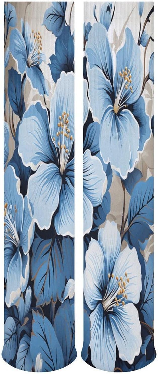 Blue Hibiscus Flower Crew Socks Cozy Casual Calf Socks Lightweight Long Work Sock Breathable Athletic Sock for Hiking Sports Running 5 Pairs