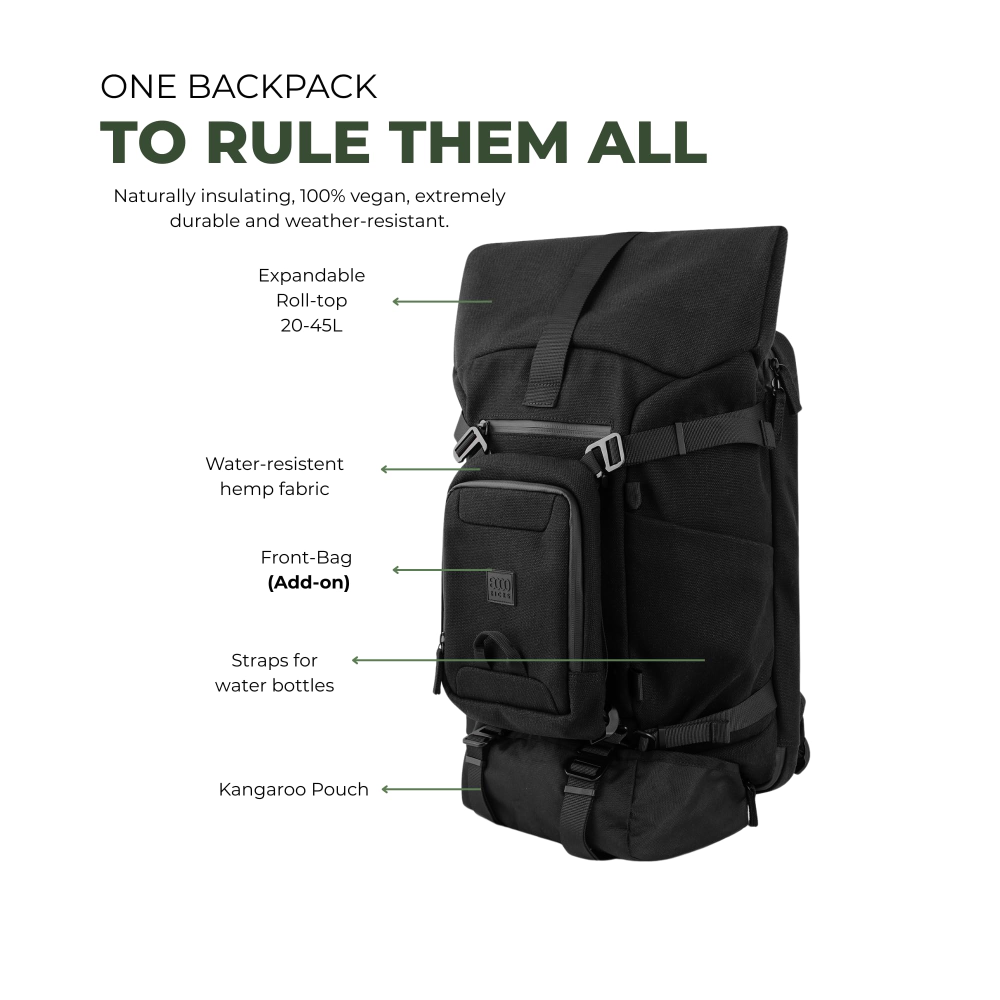 8000Kicks NOMAD - Zaino 3 in 1 in canapa per nomadi, Total black, Kleine