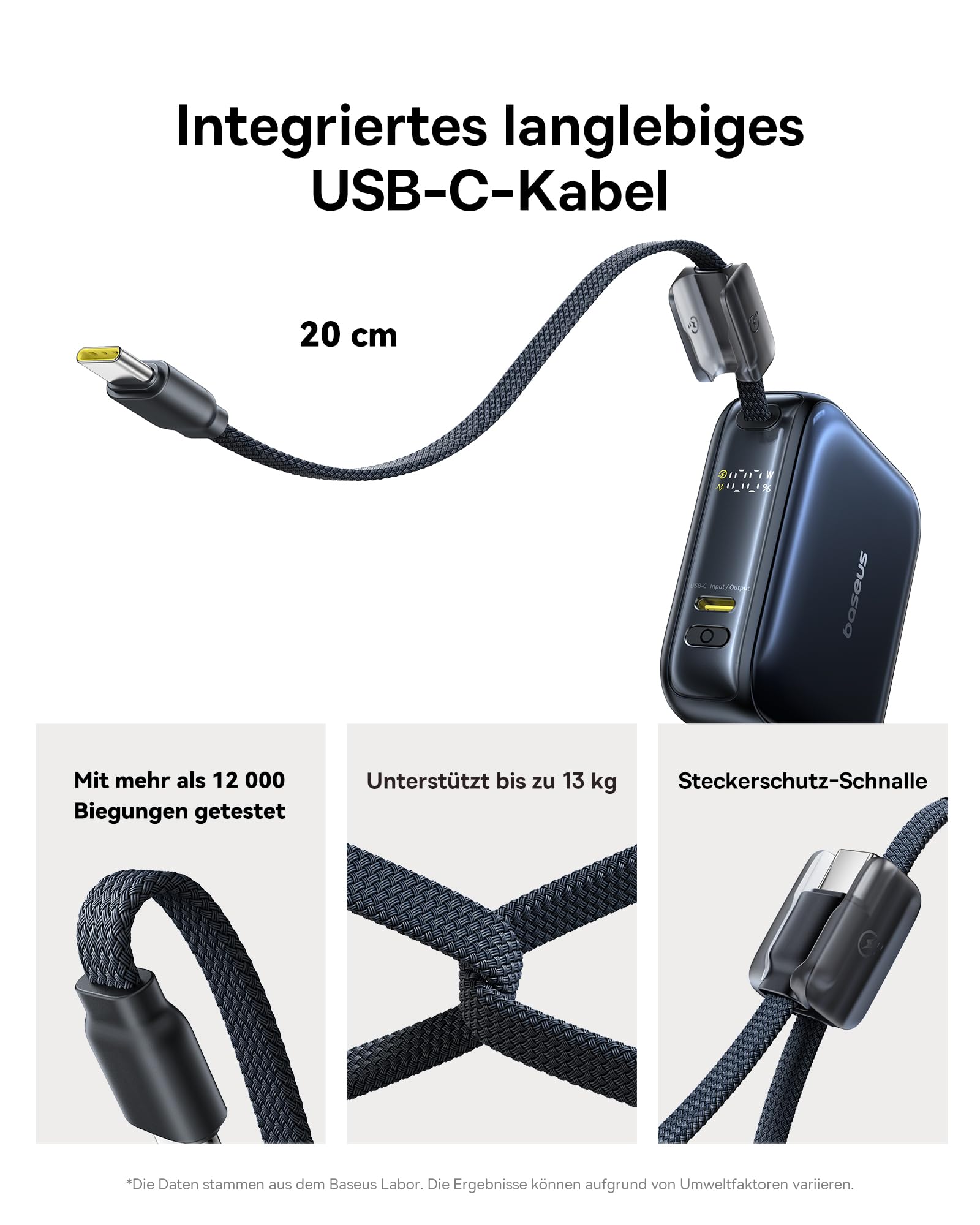 Baseus AC22 Mini Powerbank 10000 mAh, 45 W PD Power Bank Small with Integrated USB-C Cable, External Mobile Phone Batteries in Pocket Size for iPhone 17/16/15, Samsung S26/S25 Ultra, iPad, Pixel 10/9