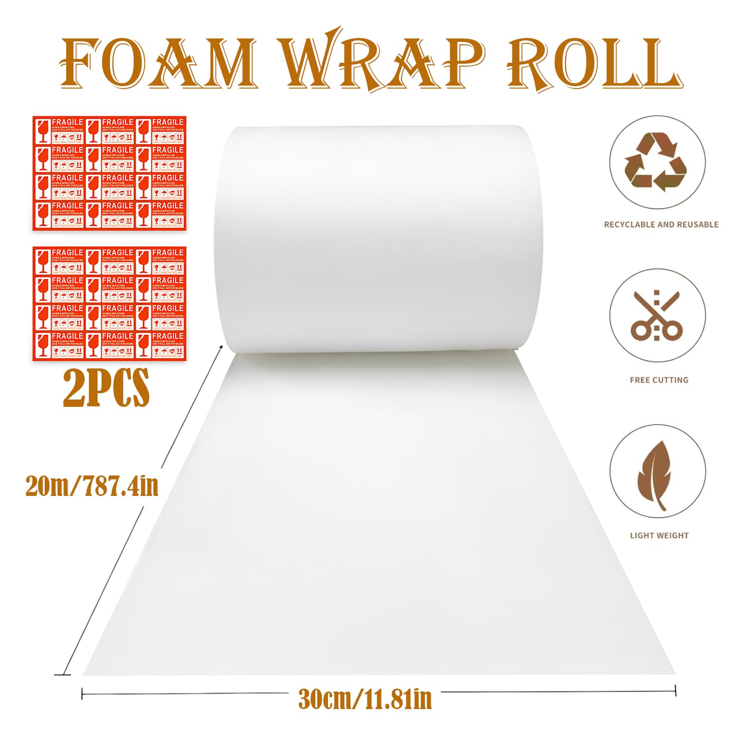Papier Bulle Déménagement Carton Feuilles Mousse avec Étiquettes Vaisselle Plats Assiettes Verres Emballage 30cm x 20m