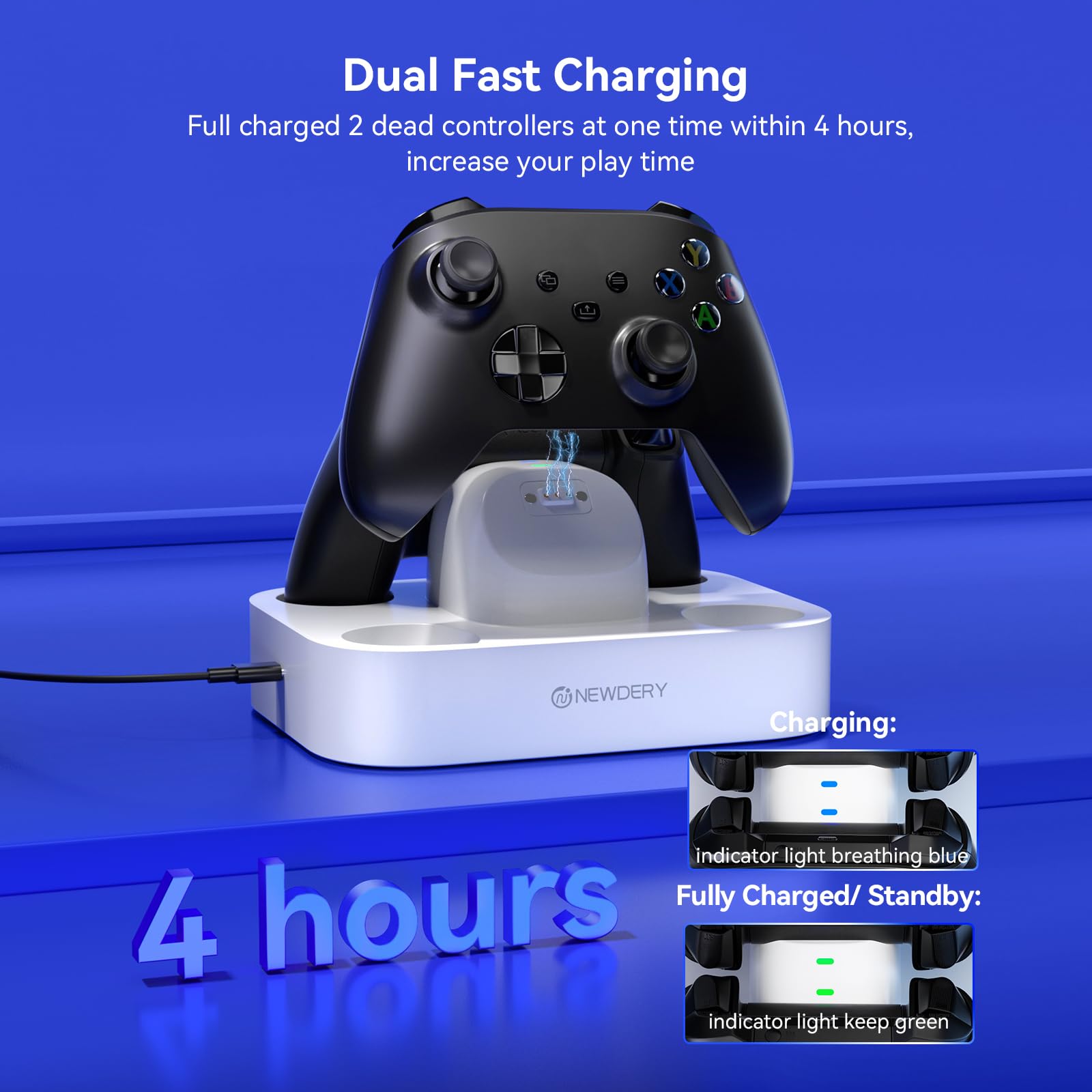 NEWDERY Estación de carga para mandos de Xbox, 2 baterías recargables de 5280 mAh para mandos de Xbox One/Series X|S, base de carga rápida con 4 tapas para baterías - Blanco