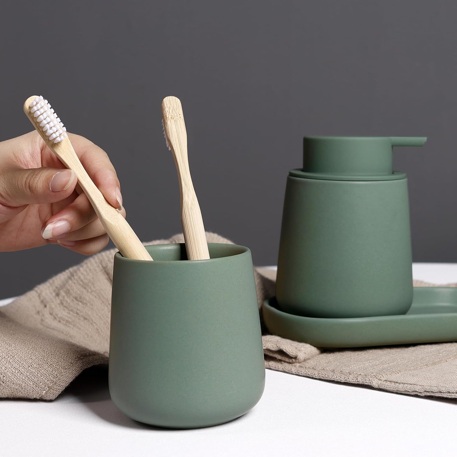 INGOFIN 3 Pcs Ceramic Bathroom Accessory Set - Liquid Soap Dispenser, Toothbrush Holder & Tray, Bathroom Counter Set, Countertop Essentials for Home, Guest Bathroom, or Office Use, Matte Green