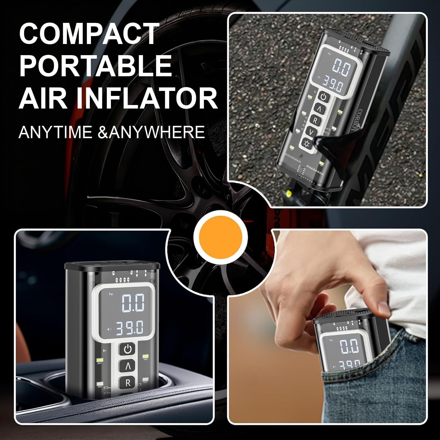 Tire Inflator Portable Air Compressor, 150PSI Cordless Tire Inflator with Digital Gauge and LED Light, Air Pump for Car Tires, Portable Air Compressor for Cars, Motorcycles, Bikes, Ball