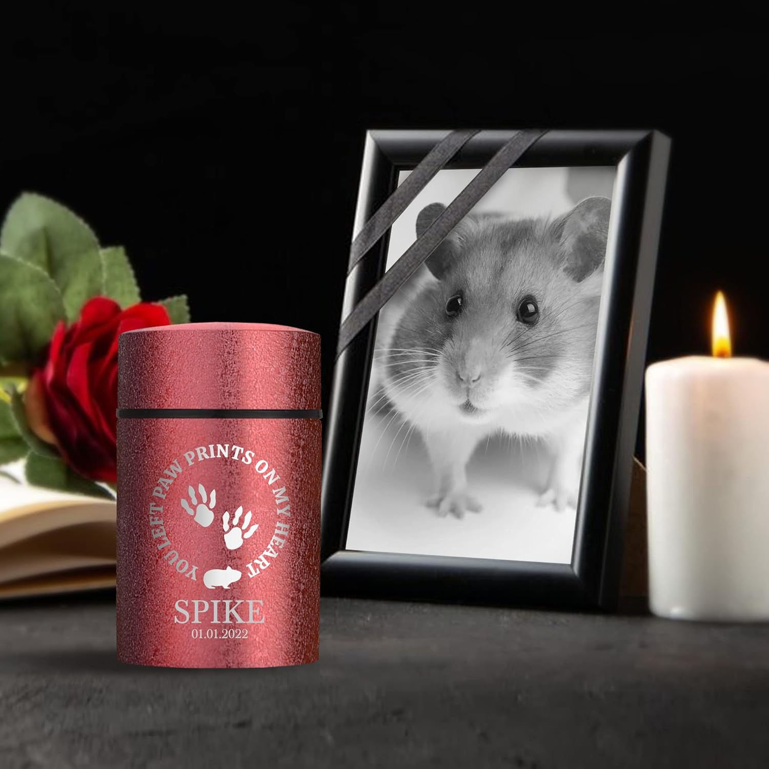 Personalized Custom Compact Mini Hamster Keepsake Textured Pet Cremation Urn - Engraved Powder Coat Stainless Steel Urn for Hamster Memorial Ashes, Ice Red | 3.2" x 2" Hamster Face