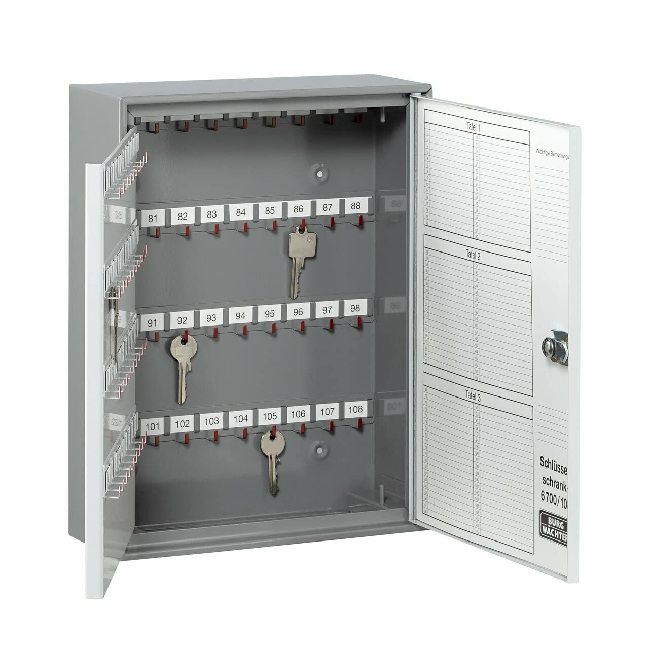 BURG-WÄCHTER Schlüsselschrank zur Wandmontage, 108 Haken, Türanschlag rechts, Stahlblech, 6700/108 R, Dunkelgrau/Hellgrau