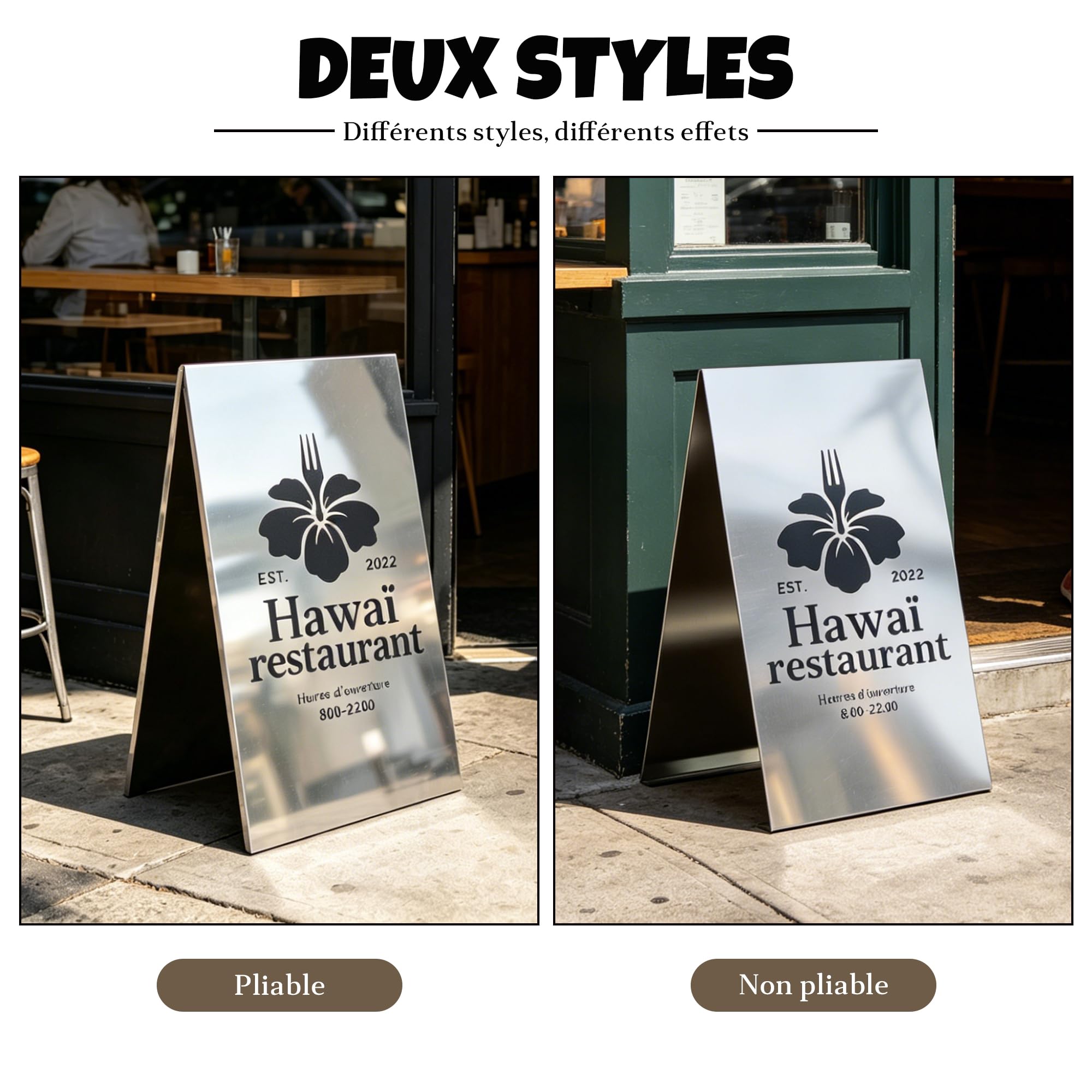 NEONAPM Stop Trottoir Extérieur Panneau Pub Pliable Personnalisé 50-90cm | Impression UV HD, Int/Ext, acier inoxydable miroir ou brossé, double face, poignée anti-coupure, conception sur mesure